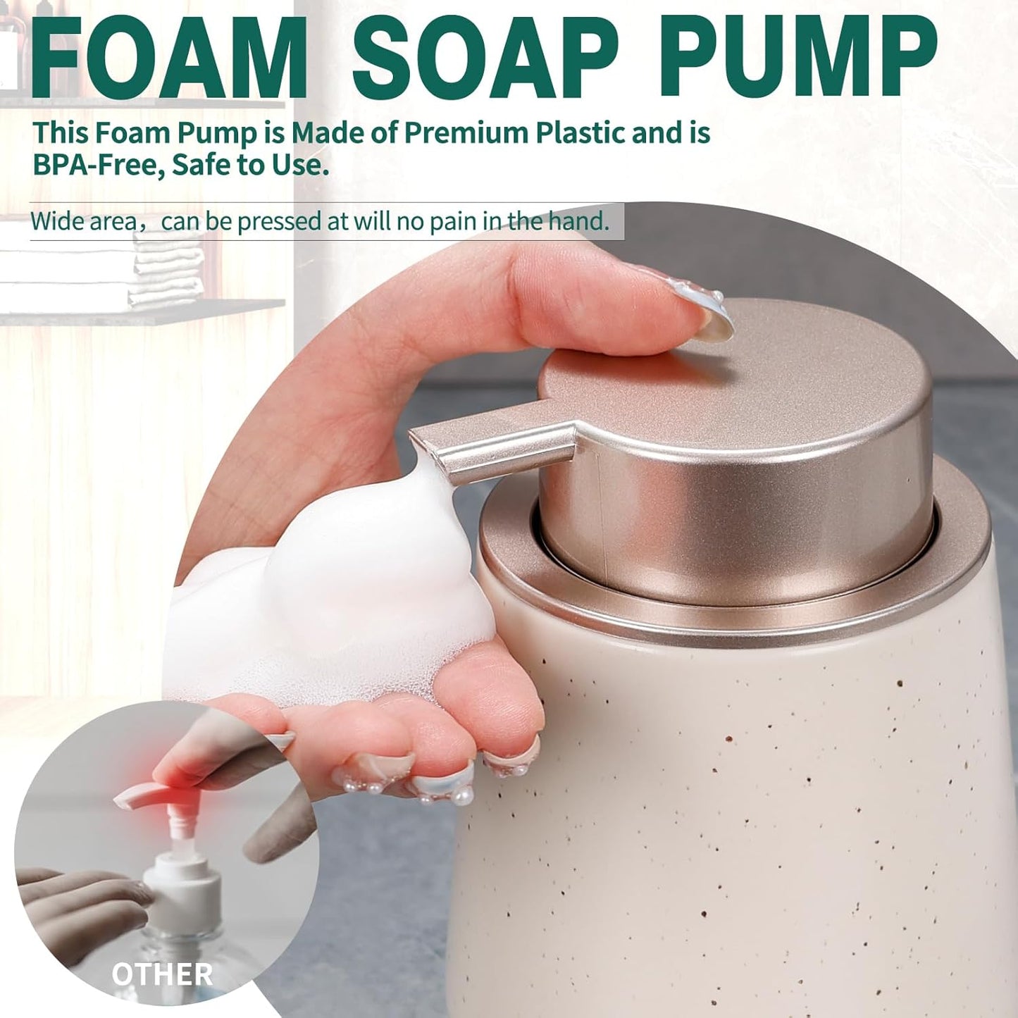 Bosilunlife Ceramic Foaming Soap Dispenser - 12 oz Foam Hand Wash Dispenser Bathroom Countertop Kitchen Dish Soap Pump Dispenser Liquid Soap Dispenser for Bathroom