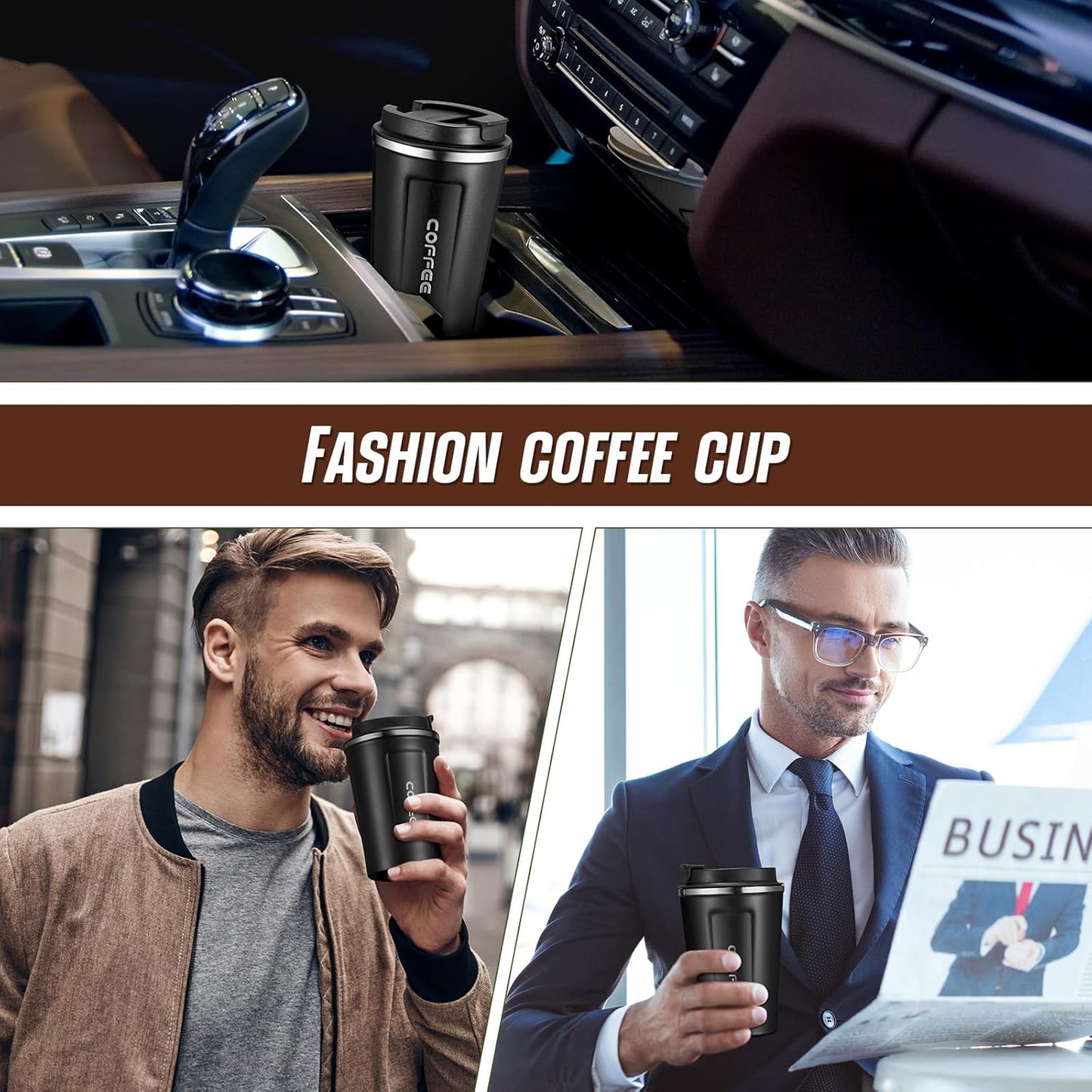 Sieral 4 Pcs 13 oz Travel Coffee Mug Insulated Reusable Coffee Cups with Leakproof Lid Stainless Steel Portable Tumbler for Keep Hot or Ice Milk Tea(Black)