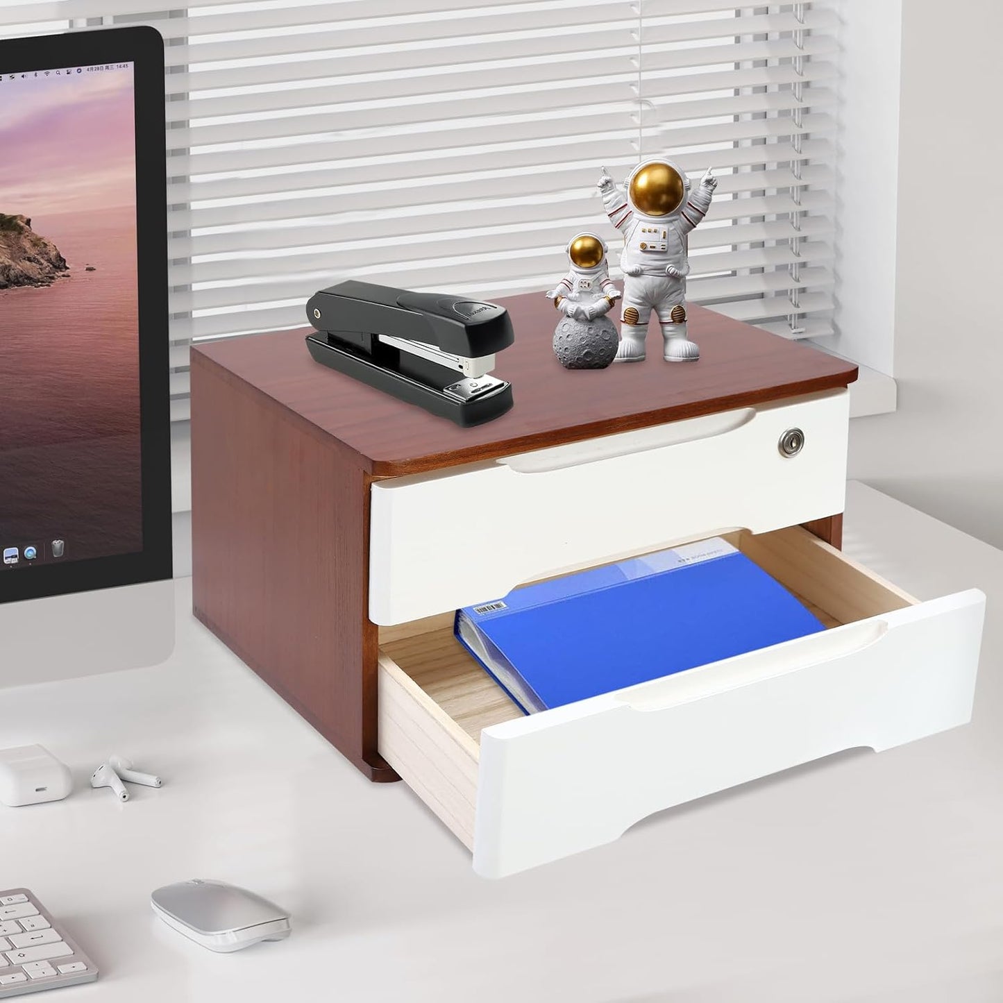 2-Tier Wooden Desktop Storage Box Desk Organizer with 2 Drawers and Lock Countertop Drawers Organizer for Office Supplies File Paper Cosmetic Jewelry, 15.4x11.8x8.5 in (Dark Brown and White)