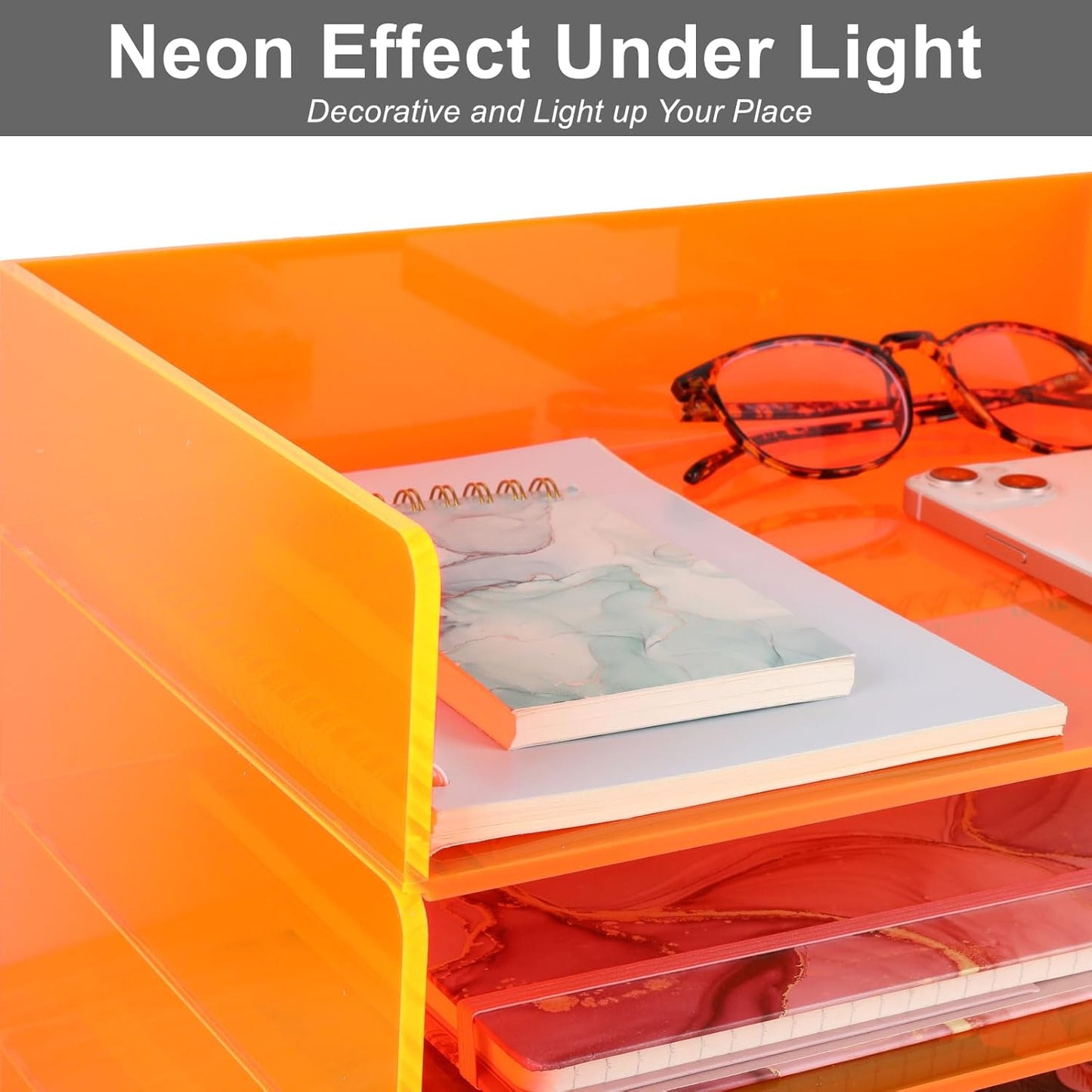 Acrylic File Organizer for Desk 4 Tiered Stackable Letter Tray Office Paper Storage Desktop Document Sorter, Neon Orange