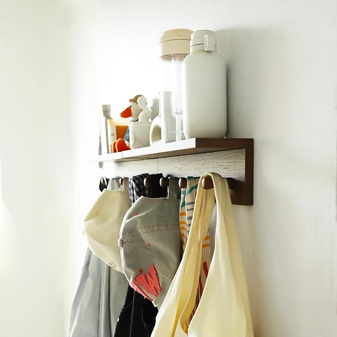 Entryway Coat Rack Hooks with Shelf, Sturdy Wooden Floating WallOrganizer Shelf with 4 Hooks siutable for Entrance, Mudroom, Kitchen, Bathroom,.etc(Walnut Finish)