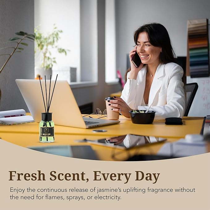 Reed Diffuser Set with Sticks for Home – Bathroom, Bedroom & Office Aromatherapy – Long Lasting Scented Oil Diffuser with Sticks – Luxury Room Fragrance Diffuser 55ml,1.7 fl oz (Jasmine)