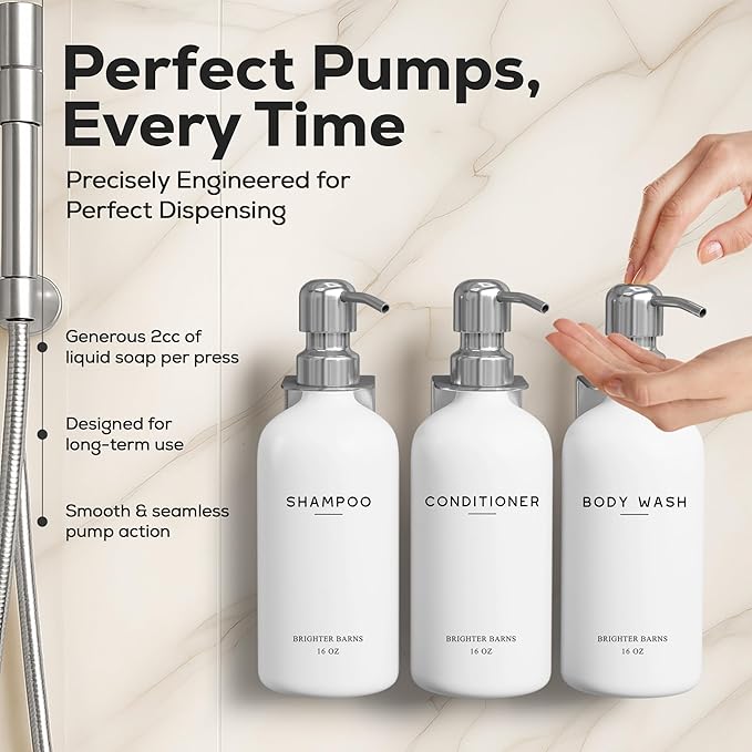 Luxury Shampoo and Conditioner Dispenser Set Wall Mounted by Brighter Barns - Refillable Shampoo Dispenser for Shower Wall - Shower Bottles 3 Chamber No Drill for Guest Bathroom, Airbnb, Hotel (White)