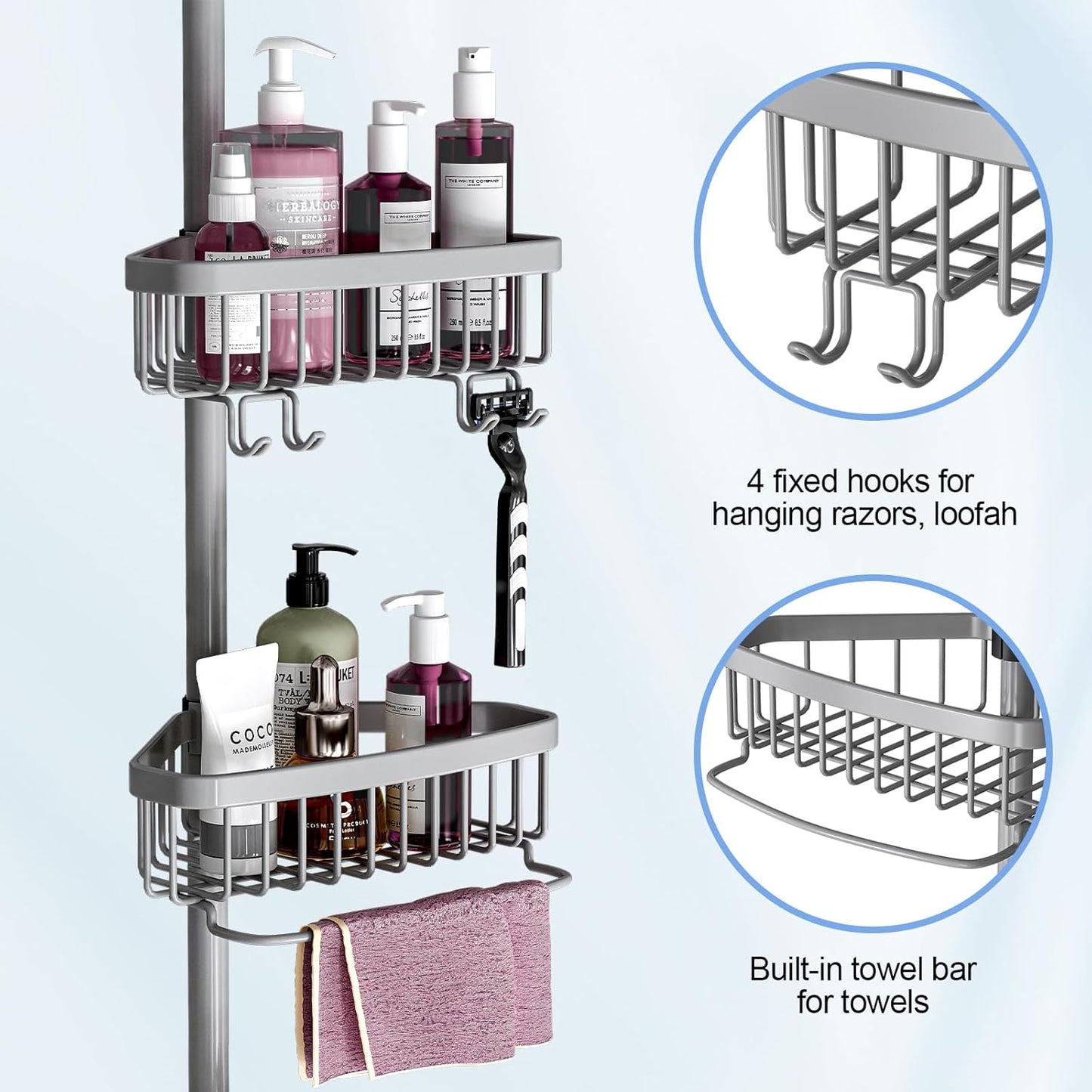 Corner Shower Caddy Tension Pole: Stainless Steel Rustproof 4-Tier Shower Organizer - 47-121 inch Adjustable Bathroom Shelves for Bathtub Shampoo Storage - Tension Rod Floor Standing Bath Rack