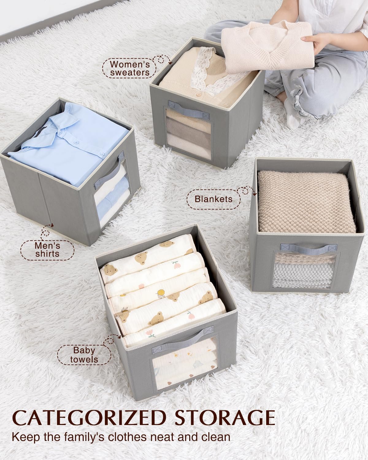 Foldable Storage Cubes - Cubby Storage Organizer with Window, Decorative Baskets for Organizing, Fabric Bins for Clothes Storage, Closet Storage Cubes 11inch, Set of 12, Grey