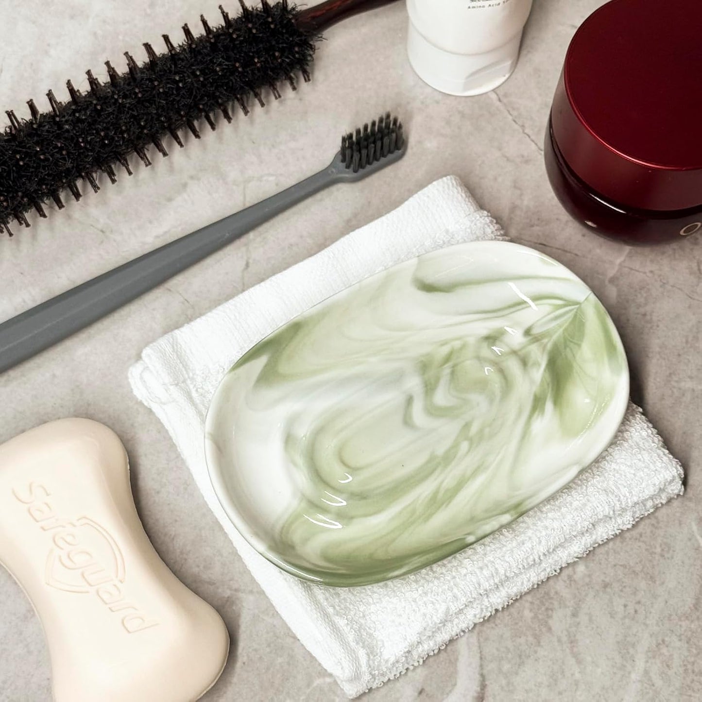 Soap Dish, Ceramic Soap Dish with Marble PatternShower, Soap Saver Tray for Bathroom, Kitchen Sink & Vanity, Multi-Use Holder for Jewelry, Rings, Keys (1 Pack, Green-White)