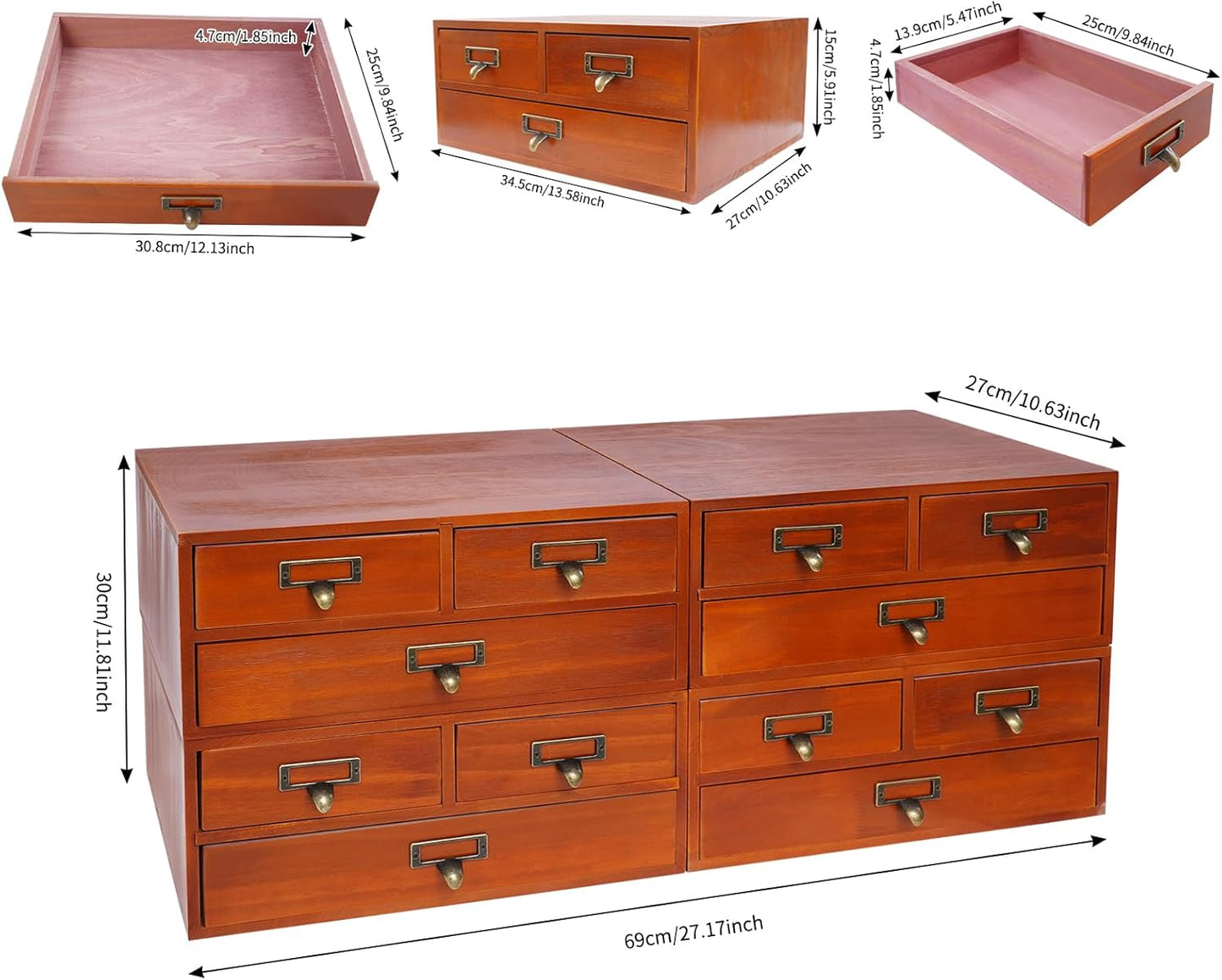 4-Piece Desktop Organizer Set with 3 Drawers, Wood & Metal Drawer Storage, Wooden Desktop Organizer for Store Cosmetics, Jewelry, Letters, Papers, Tea Bags, Sugar Packets (Brown)