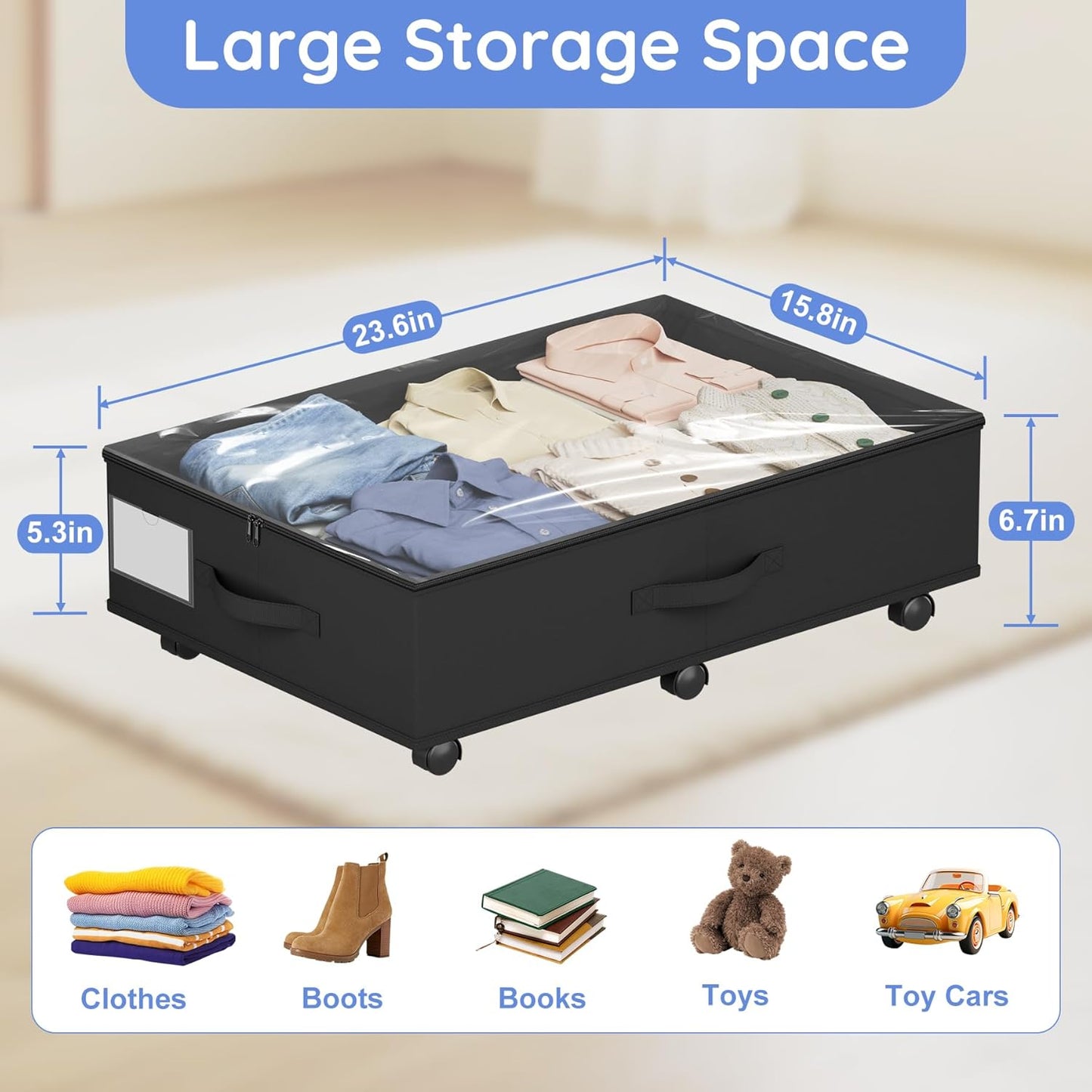 Under Bed Storage with Wheels, 4-Pack Under Bed Storage Containers with Clear Lids, Under the Beds Storage Organizer Bins With Handles, Under Bed Drawer for Clothes, Shoes, Books, Toys