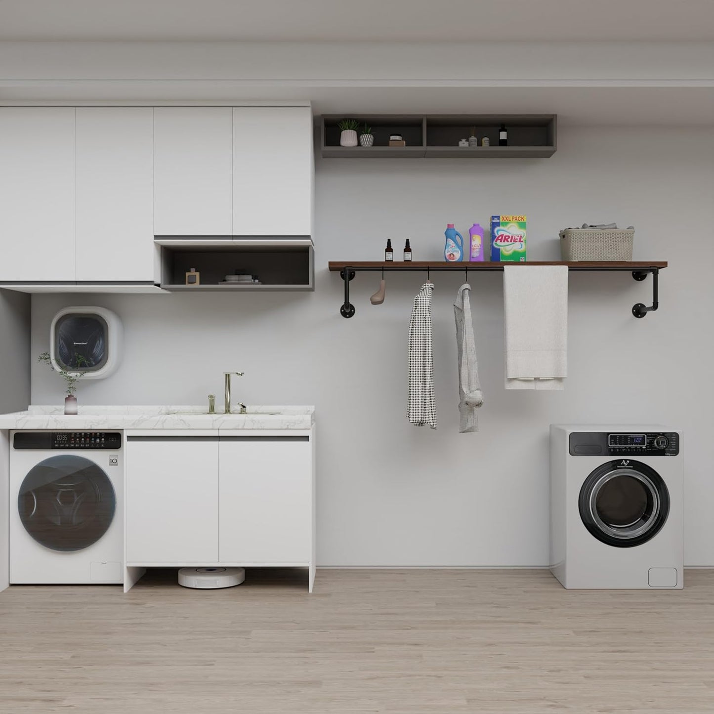 Clothes Rack 60in, Wall Mounted Garment Racks with Real Walnut Wood Shelf, Heavy Duty Hanging Clothes Rack, Multi-Purpose Hanging Rod, Space-Saving Closet Storage