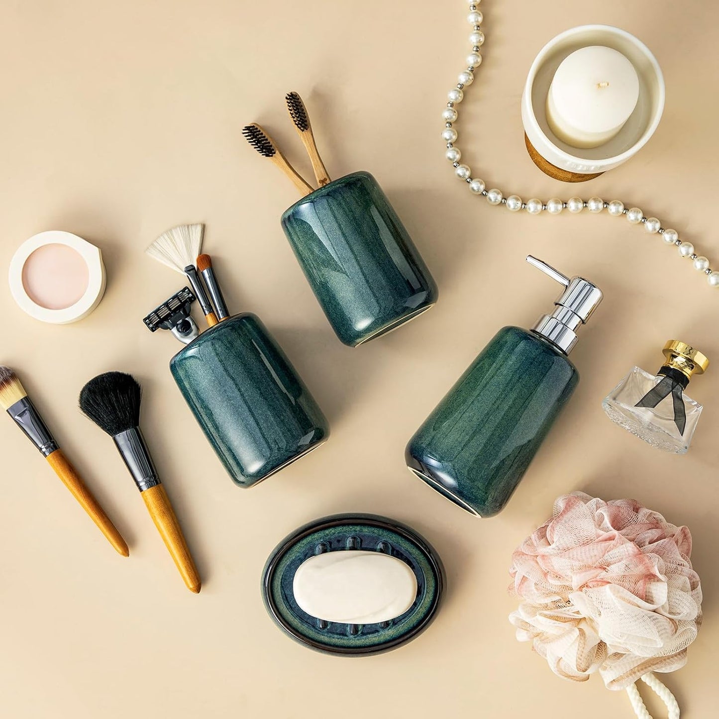 vancasso Green Bathroom Accessories Set, Ceramic Soap Dispenser and Toothbrush Holder Sets, Stoneware 4 Pcs Bathroom Sink Set for Modern Home Decor, Series Starry