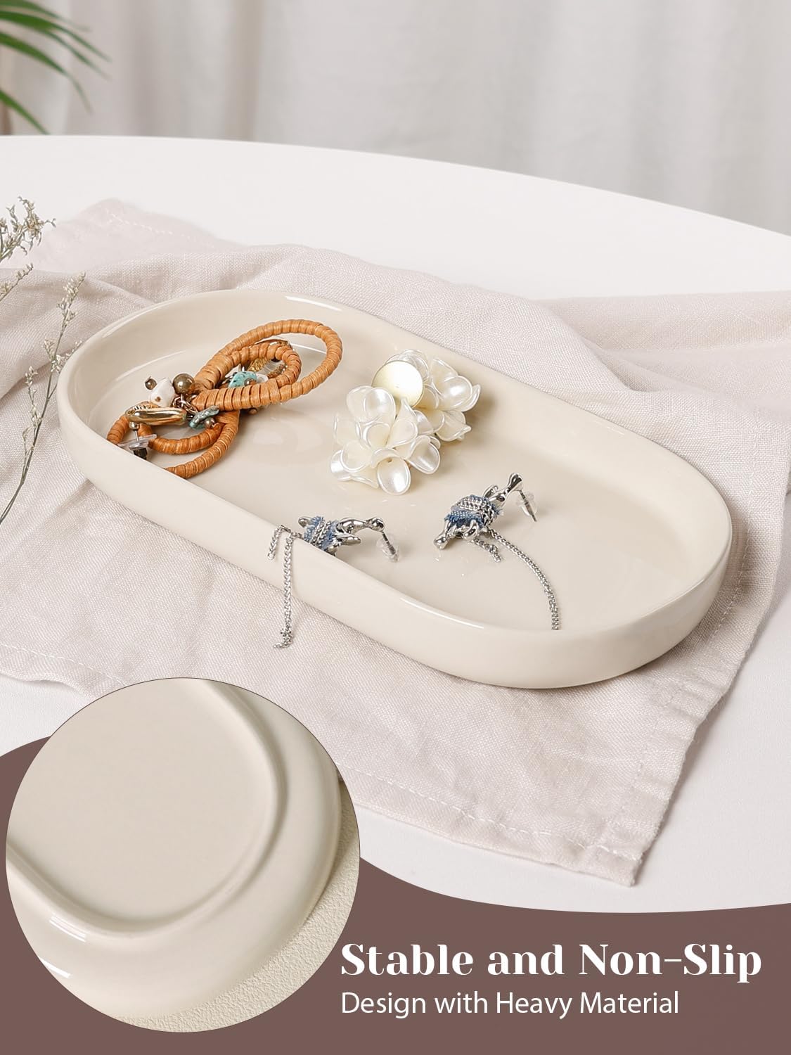 INGOFIN 7" Ceramic Bathroom Vanity Tray - Bathroom Organizer Countertop Tray for Perfume, Jewelry, Candles, Small Kitchen Counter Soap Tray, Decorative for Bathroom Vanity and Toilet Tank, Beige