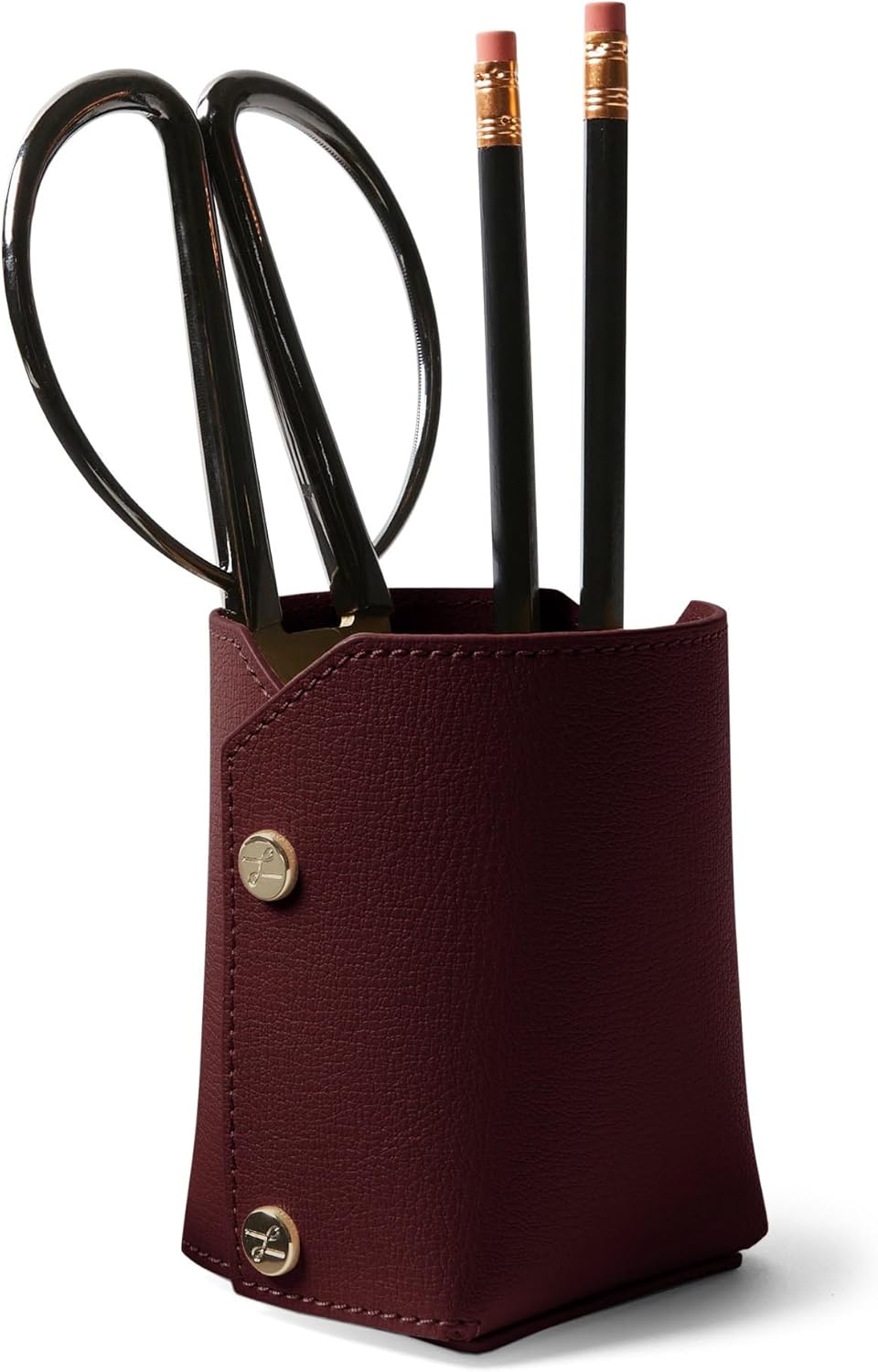 Leatherology Premium Oxblood Modern Pencil Cup – Leather Desk Organizer with Snap Construction, Lays Flat for Travel, Minimalist Portable Design with Suede Interior