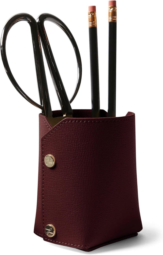 Leatherology Premium Oxblood Modern Pencil Cup – Leather Desk Organizer with Snap Construction, Lays Flat for Travel, Minimalist Portable Design with Suede Interior
