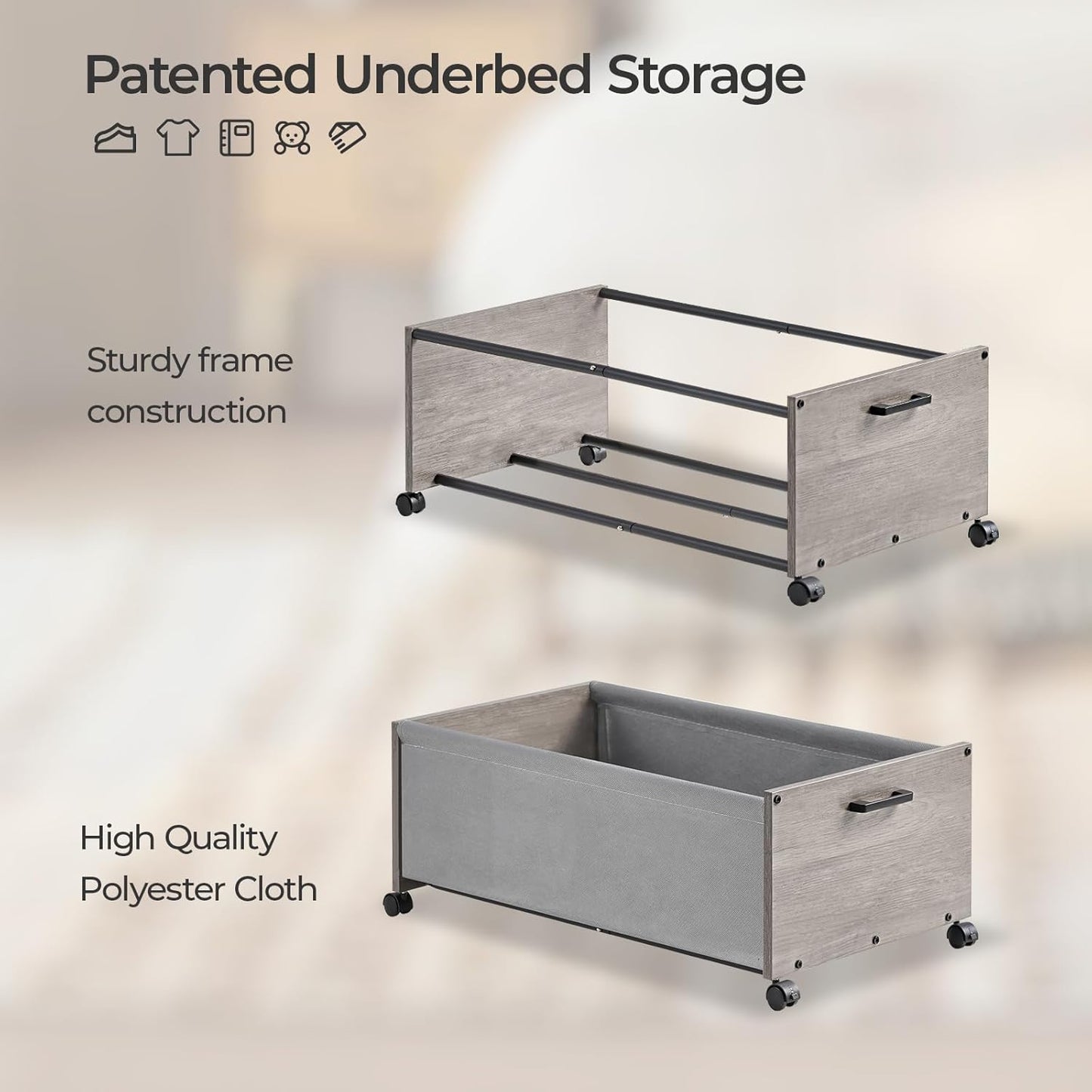 Under Bed Storage with Wheels, Wooden Under Bed Drawers On Wheels, Rolling Under Bed Shoe Storage, Space Saving,70L