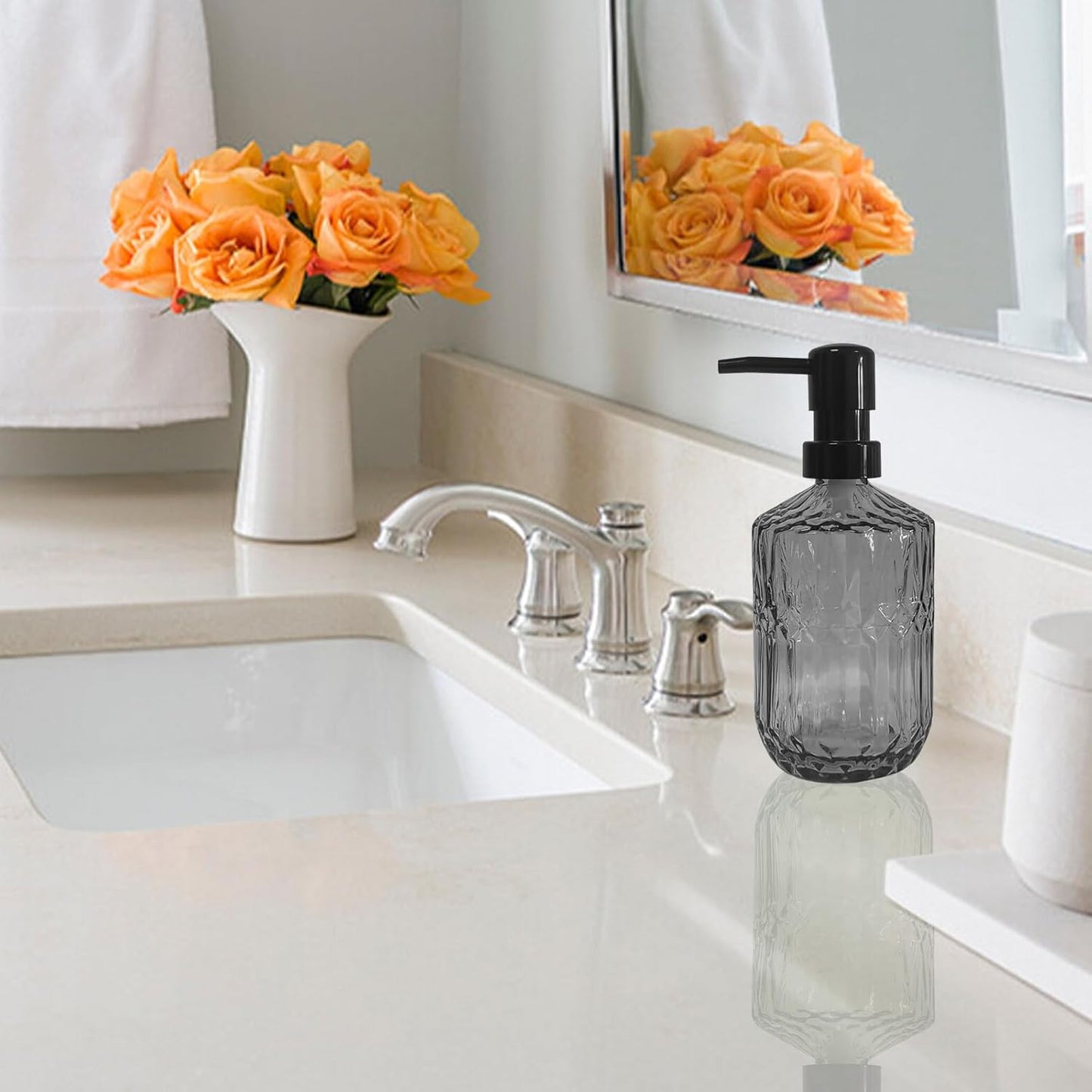 Glass Soap Dispenser with Black Pump, 15oz Refillable Liquid Hand Dispenser, Lotion Dish Soap Dispenser for Modern Home Decor, Bathroom, Kitchen Countertop, Hotel (Dark Grey)