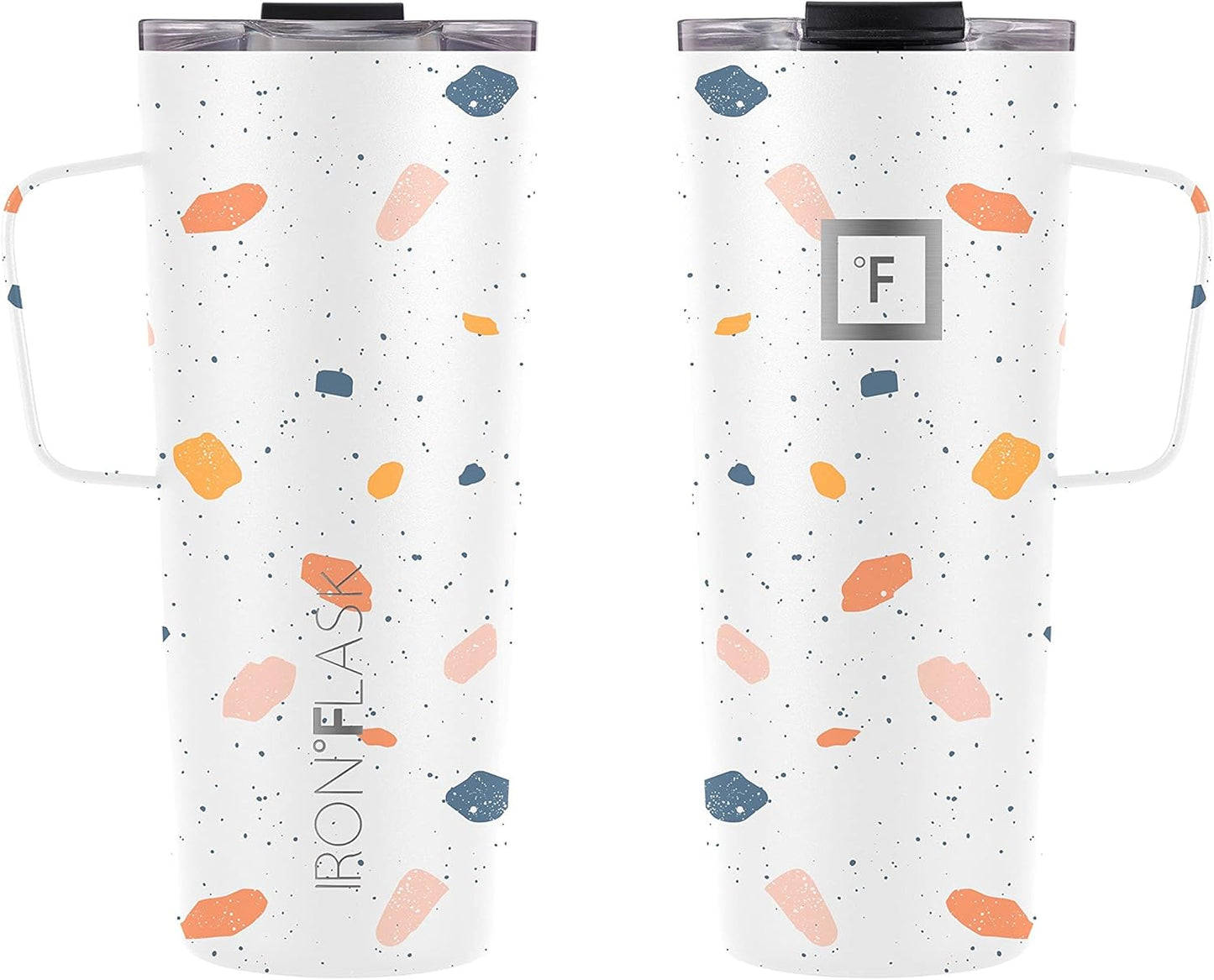 IRON °FLASK Grip Novelty Coffee Mug - Leak Proof, Vacuum Insulated Stainless Steel Bottle, Double Walled, Thermo Travel, Hot Cold, Water Metal Canteen - Terrazzo, 24 Oz - Classic Bottom