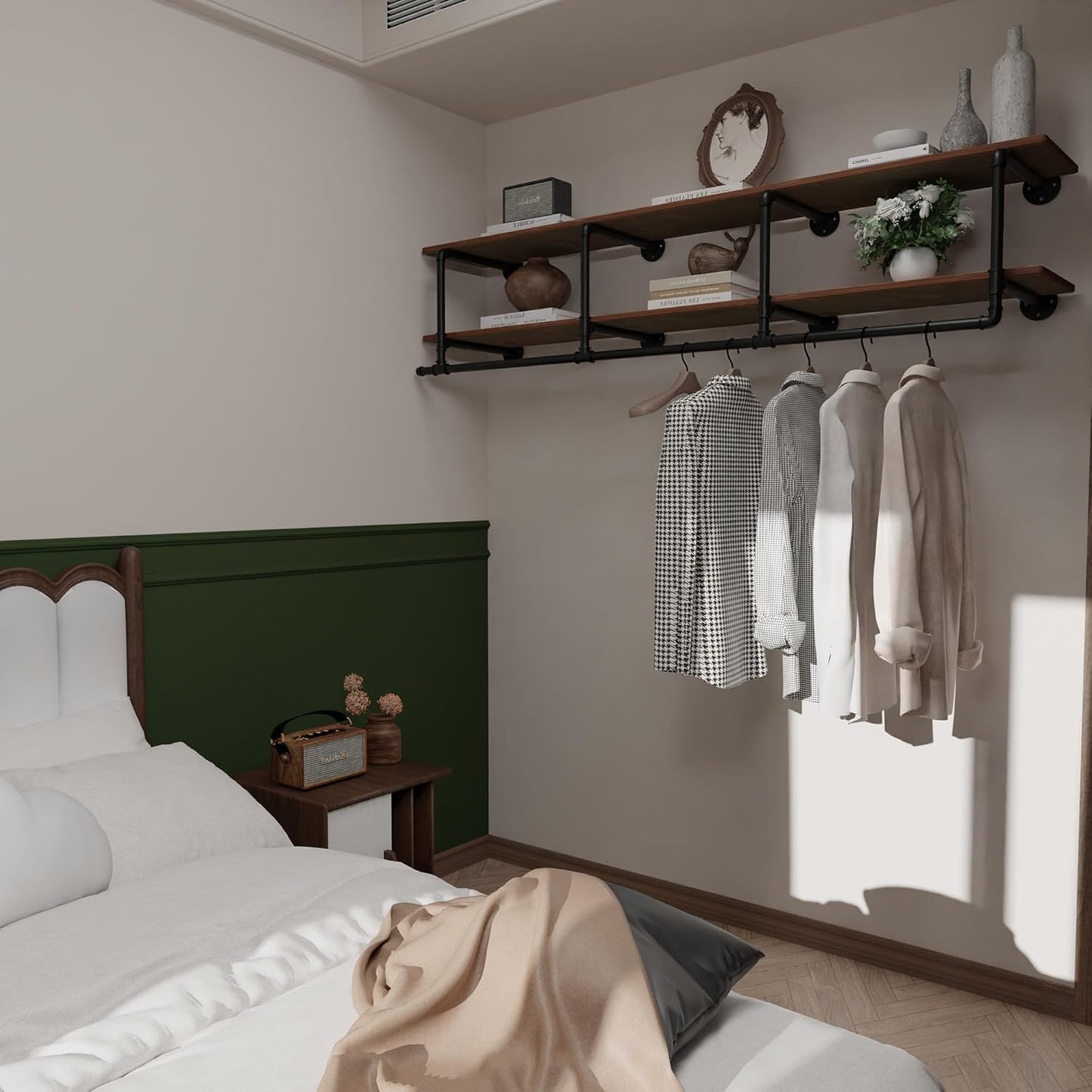 Clothes Rack 72in, Wall Mounted Garment Rack with Real Wood Shelf, Heavy Duty Hanging Clothes Rack, Multi-Purpose Hanging Rod, Space-Saving Closet Storage (2T72in)