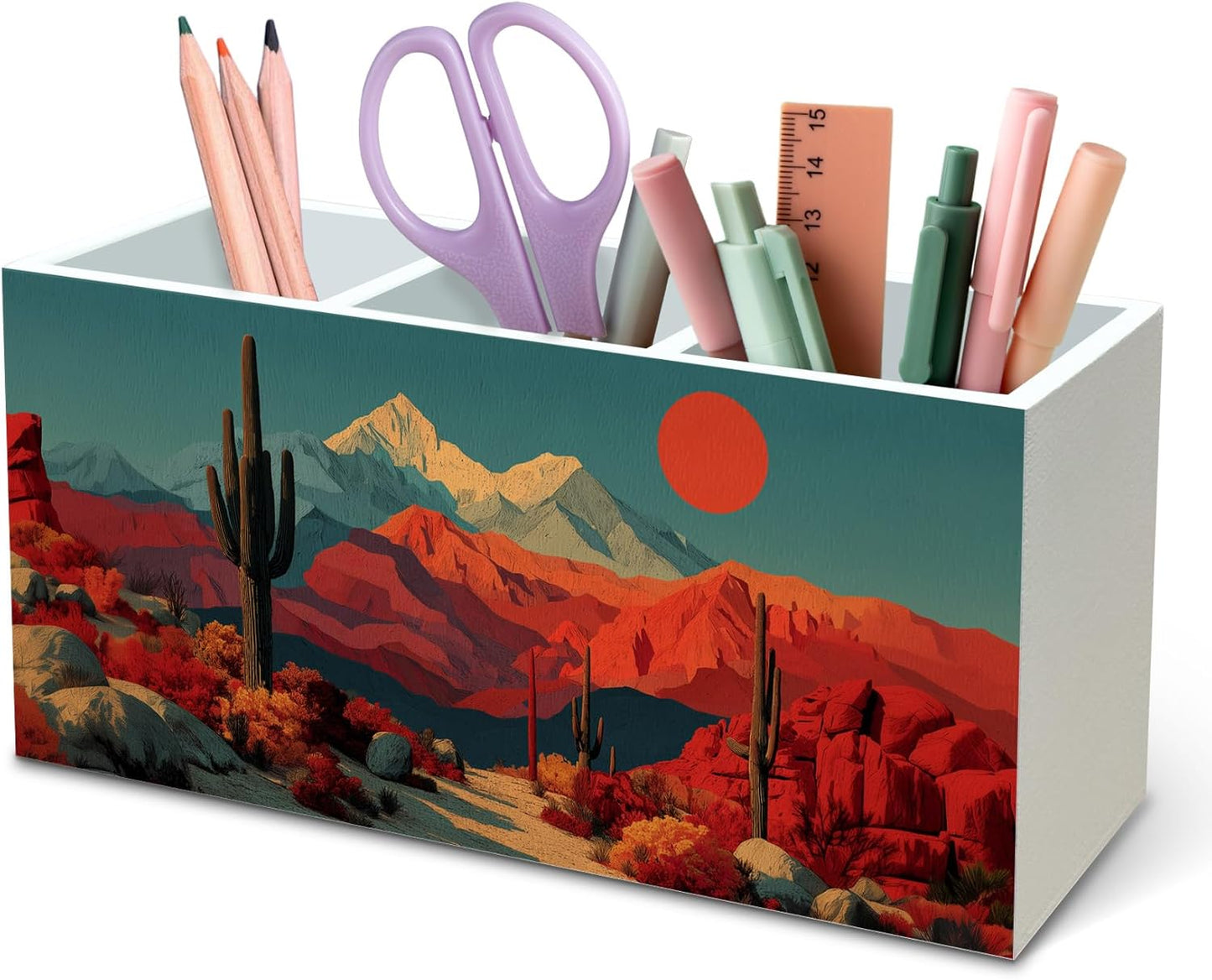 DILSJ Western Boho Pen Pencil Holder Organizer for Desk, Boho Office Decor, Western Mountain Desert Cactus Landscape Wooden Box Signs for Home Office Desk Tabletop Decoration