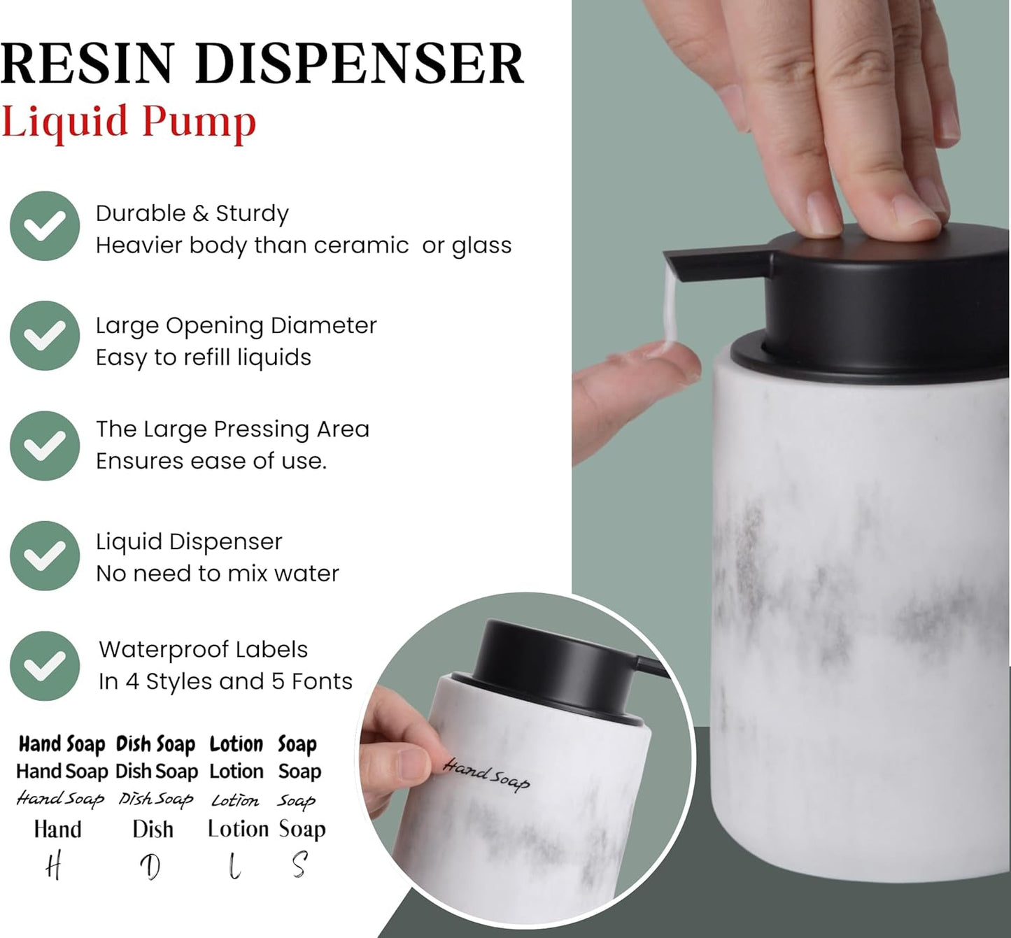 Resin Hand Soap Dispenser Easy-to-Press Liquid Pump, Refillable Soap Dispenser with White Marble Look, Waterproof Bottle Labels for Bathroom Kitchen Dish Lotion (White, 10 oz)