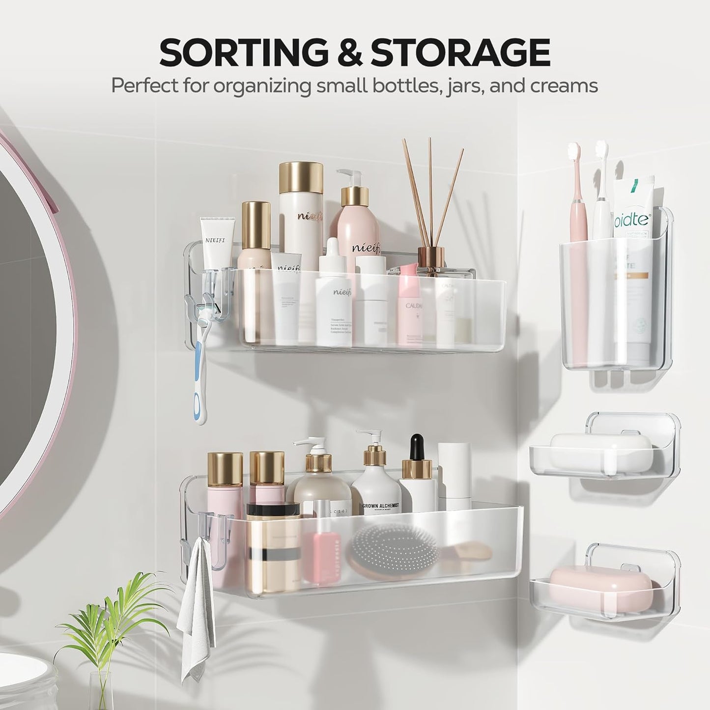 Nieifi Adhesive Wall Shelf, Shower Shelves 5 Pack with Soap Holder, Shower Organizer for Bathroom Organization, Clear