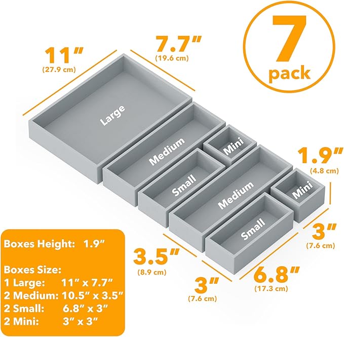 SpaceAid 7-Piece Bamboo Drawer Organizer Storage Boxes Set, Wood Tray Junk Drawer Organizers Multi-Use Divider Bins for Kitchen, Bathroom, Office Desk and Makeup Organization (7 Pack, Gray)