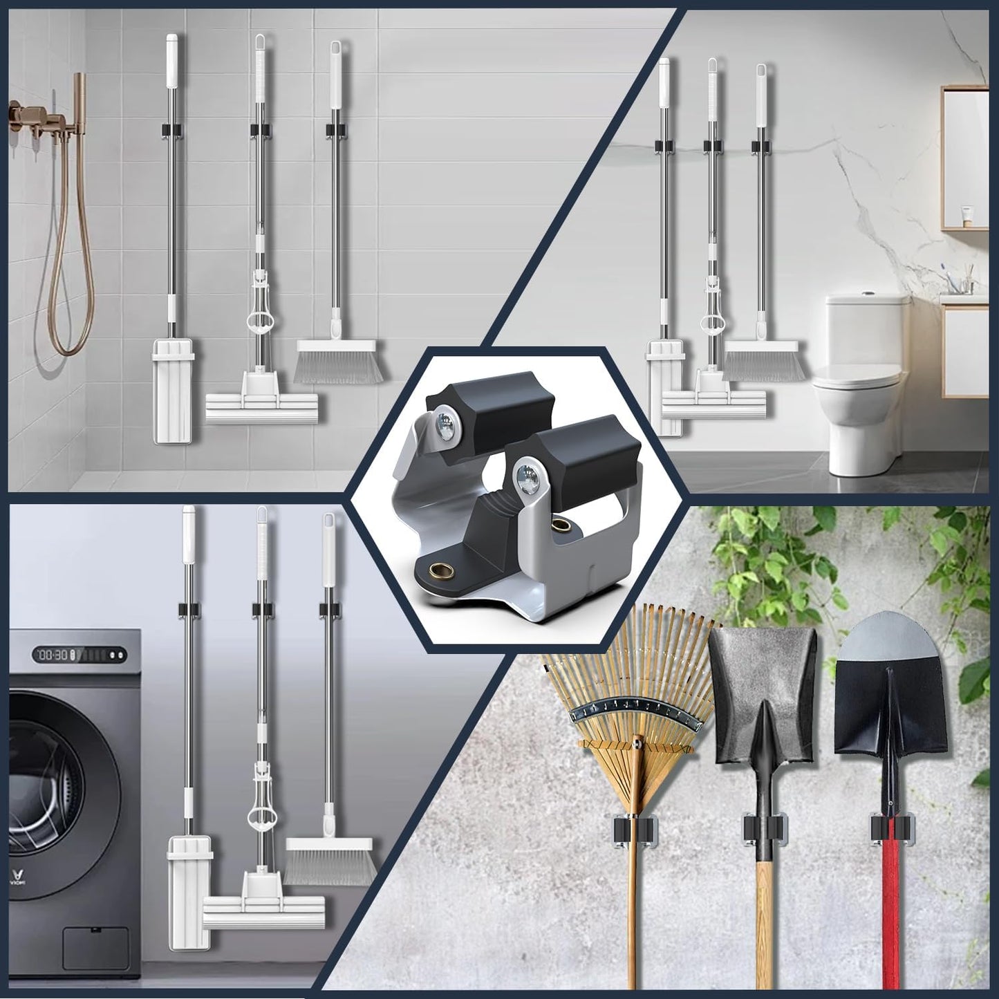 3-H 8 Pack Mop and Broom Holder Big Size Hanging 1 KG Extra,Broom Hanger Wall Mount for Hanging and Organizing Shove Rake Yard Tools in Shed Kitchen Laundry Room Bathroom Garden(black)