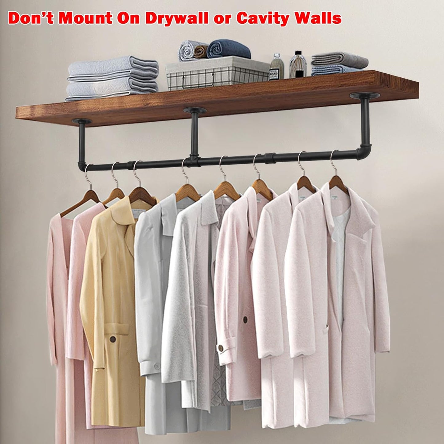 Livabber Industrial Pipe Clothes Rack, Heavy Duty Detachable Iron Garment Rack Wall Mounted, Rustic Saving Space Clothes Bar Multi-Purpose Hanging Rod for Bedroom, Closet, Black (50 Inch)