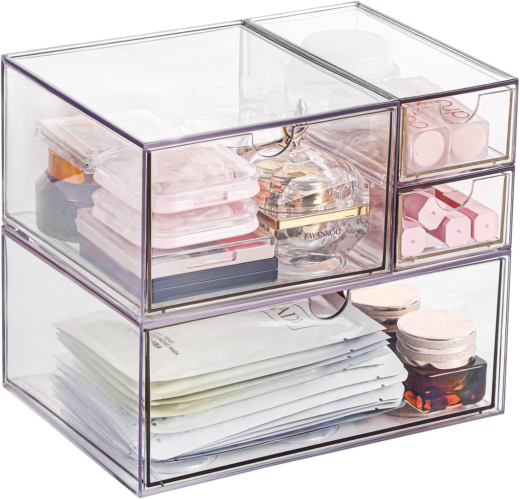 Makeup Drawer Organizer, Desk Drawer Organizer With 4 Drawers, 3 Different Sizes, Suitable For Office Desk, Bathroom, Bedroom, Jewelry, Stationery, Handicraft Storage And Organization, clear