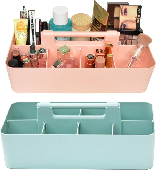 Portable Caddy Organizer -2 Stackable Plastic Caddy with Handle | Desk, Makeup, Dorm Caddy, Classroom Art Organizers (Made In Usa) (Mint/Indie Pink)