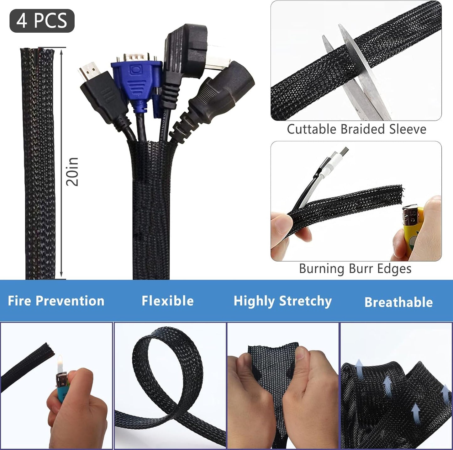 ELII 302PCS Cable Management Kit 4 Cable Sleeve,45Cable Clips,11Cable Holders,22 Roll Cable Organizer Straps and 200 Fastening Cable Ties,20 Cable Zip Tie Mounts Computer Under Desk (Black)