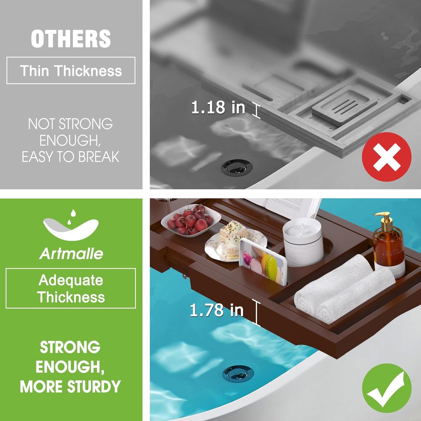 Bathtub Caddy Tray for Tub, Foldable Bamboo Bath Table Tray with Book and Wine Glass Holder, Expandable Bathroom Accessories with Free Soap Dish Suitable for Luxury Spa or Reading, Brown