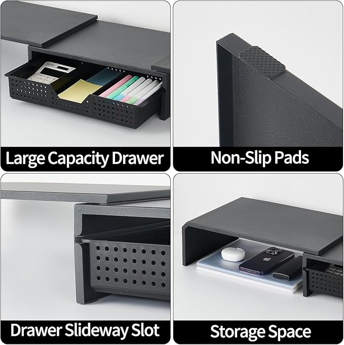 Dual Monitor Stand Riser with Drawer, Computer Stand for Desk, Workspace Desktop Stand, Desk Organizer for Computer, Laptop, TV and More (Black)