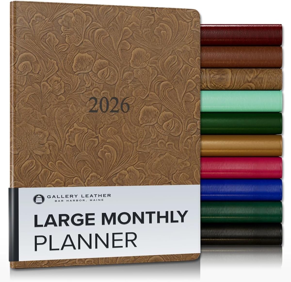 Gallery Leather Large Monthly Planner 2025-2026, Elegantly Bound Calendar Planner and Notebook with Stylish Gold-Gilded Page Edges, 18 Months - Floral Espresso - 9.75x7.5"