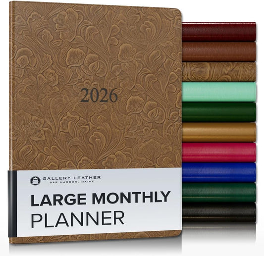 Gallery Leather Large Monthly Planner 2025-2026, Elegantly Bound Calendar Planner and Notebook with Stylish Gold-Gilded Page Edges, 18 Months - Floral Espresso - 9.75x7.5"