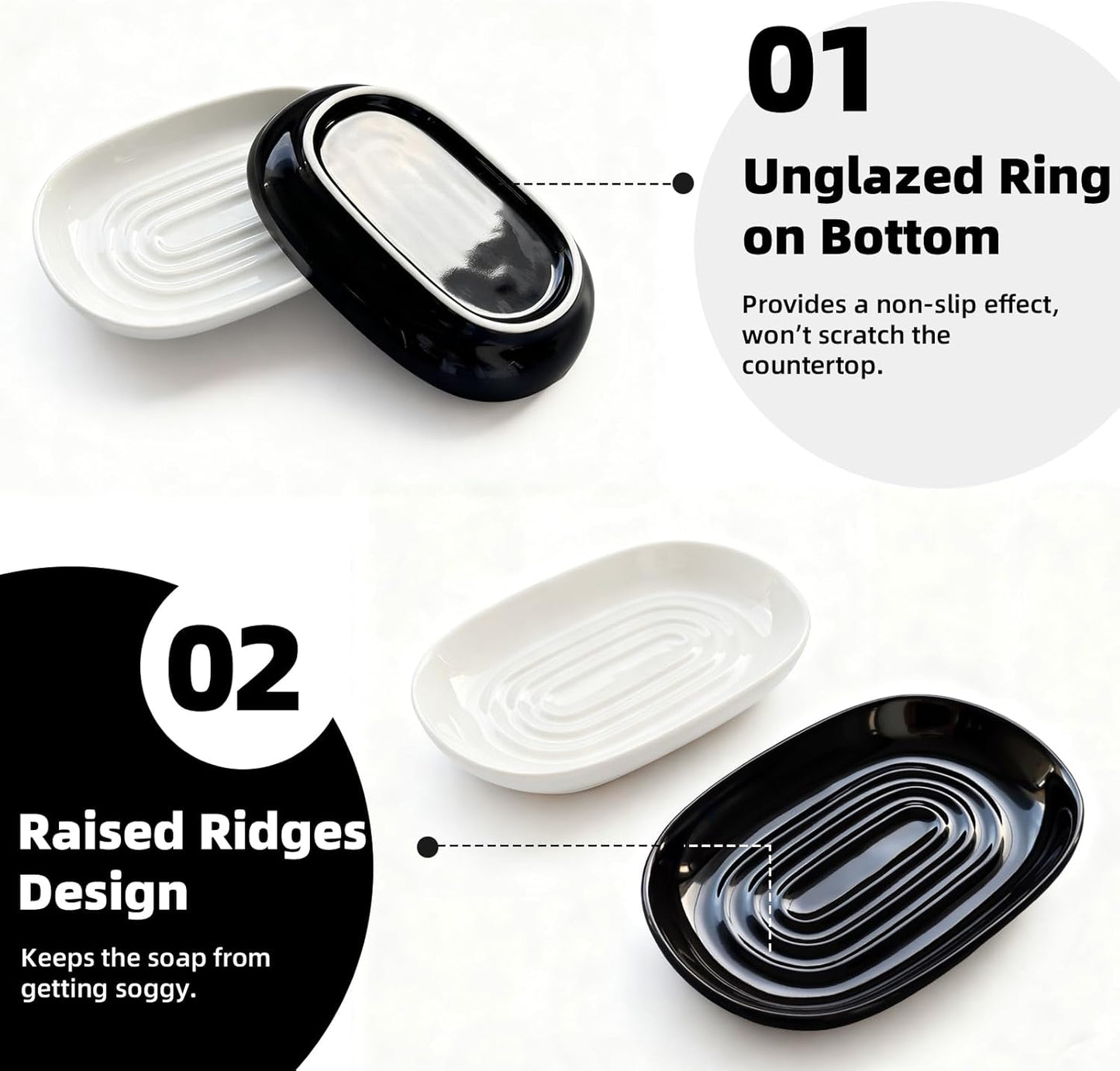 Ceramic Soap Dish for Bath Sink- Modern White Bar Soap Holder for Shower - Easy to Clean Multi-Purpose Oval Soap Dishes for Soap Bar, Sponges, Jewelry, Small Items | Fits Bathroom & Kitchen