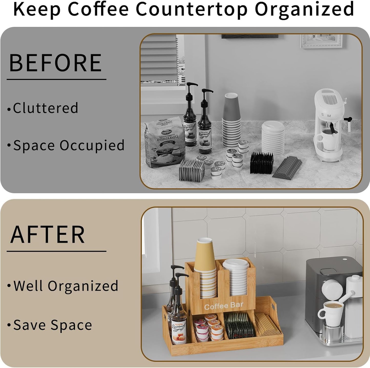Coffee Station Organizer, Bamboo Coffee Bar Organizer for Countertop, Condiment and Cup Storage Organizer, Bar Accessories for Kitchen, Office, Home, Brown