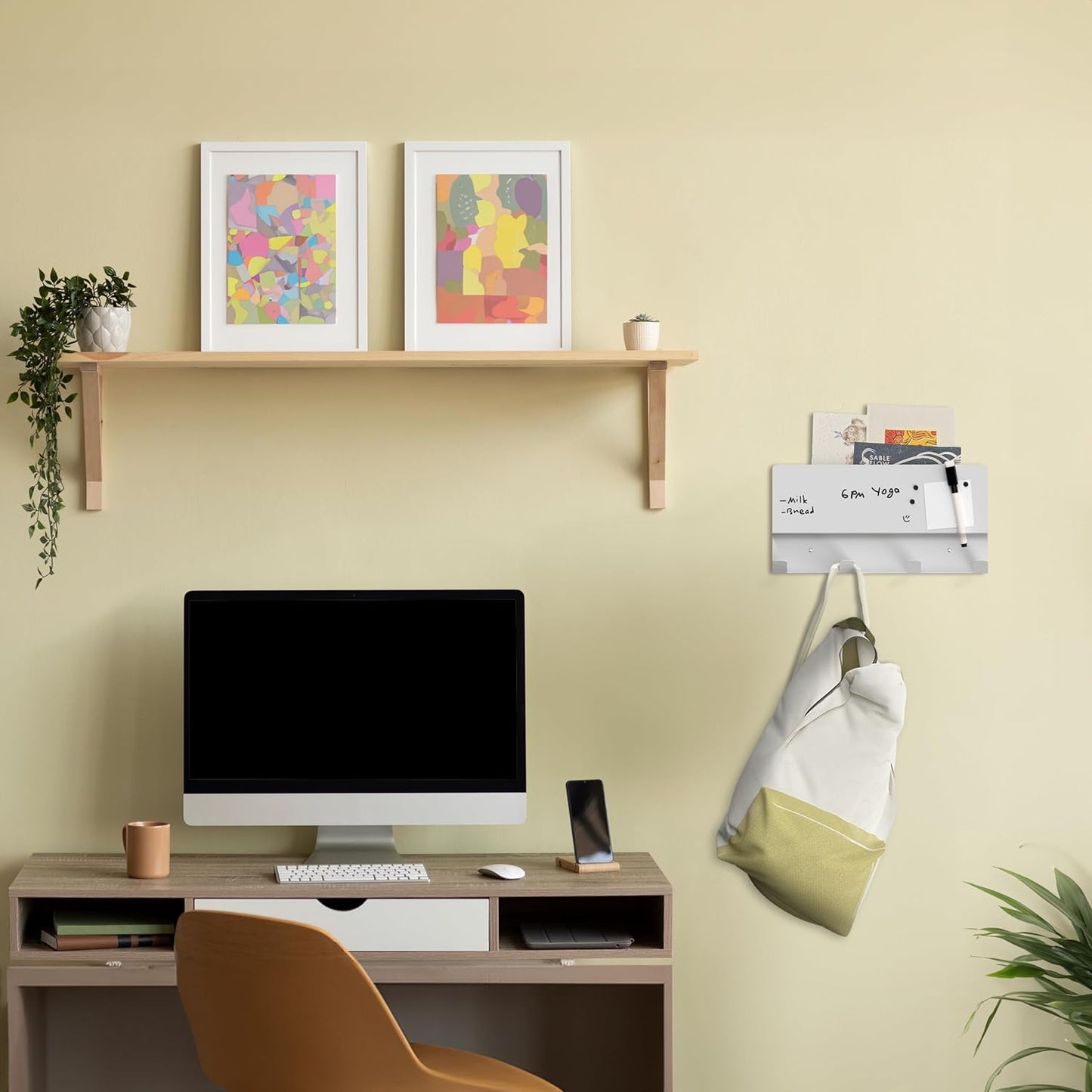 4-Hook Wall Organizer with Whiteboard - Keys, Mail, Coat Hanger for Home & Dorm. Includes Marker & Magnets- Sable Flow