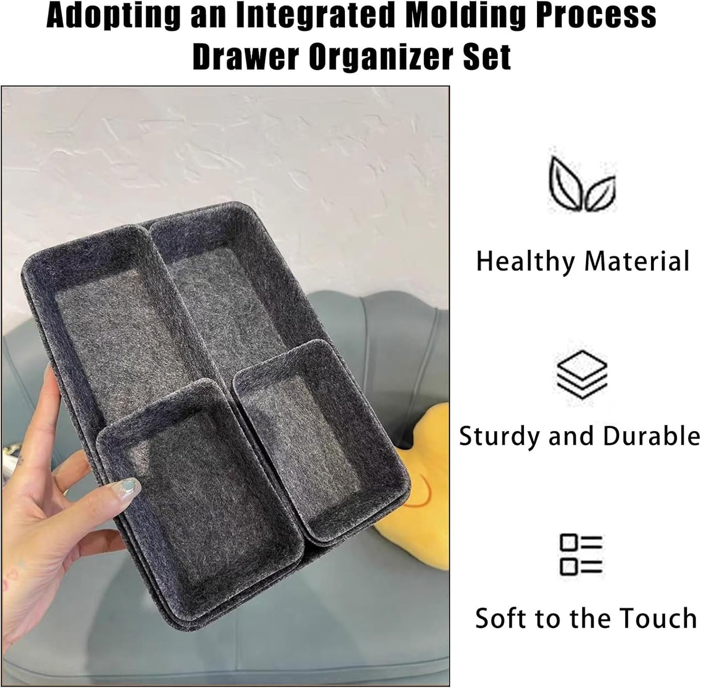 Felt Drawer Organizer Set, 8PCS Desk Drawer Storage Bins for Office, Kitchen, Dresser, and Makeup — Soft Fabric Drawer Dividers for Neat Organization (Dark Gray)