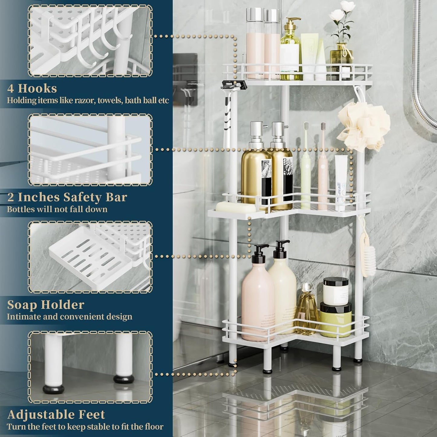 Consumest Corner Shower Caddy Standing - 3-Tier Stainless Steel Shower Organizer with Soap Holder and 4 Hooks, Large Capacity Corner Shelf Stand for Bathroom, Rest Room, White