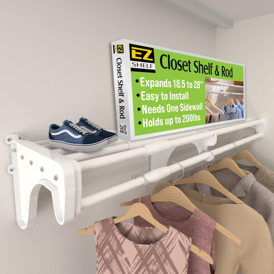 EZ Shelf - Closet Shelf with Hanging Rod - 64.3-119” Expandable, White, Closet Shelves - Strong, Holds 200 lbs - Easy Install - 1 Side Wall & Backwall with 1 End Bracket, Alternative to Wire Shelving