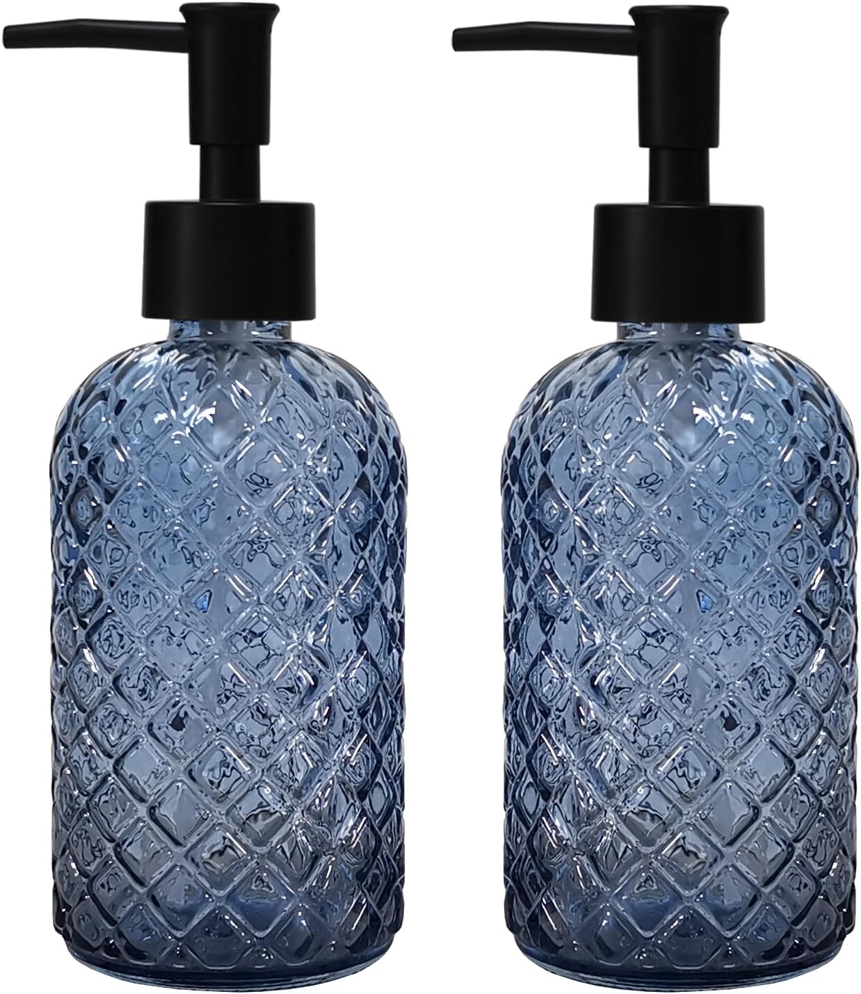 Blue Glass Dish Soap Dispenser for Kitchen, 12oz Refillable Liquid Hand Soap Dispenser Set, 2 Pack Crystal Lotion Bottle for Modern Home Decor, Bathroom Countertop, Hotel