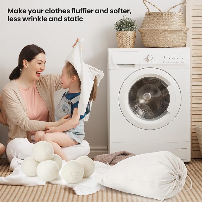 Roowest 60 Pcs Wool Dryer Balls Set Reusable Laundry Wool Balls with Muslin Bags Fabric Softener Anti Wrinkle Anti Static Saving Energy and Time