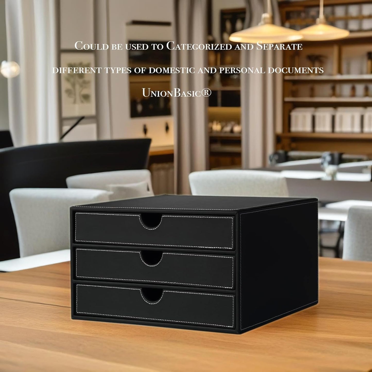 UnionBasic Document Organizer, 3-Drawer File Cabinet Document Storage Box, Office Desktop Filing Organizer, Black with White Stitching