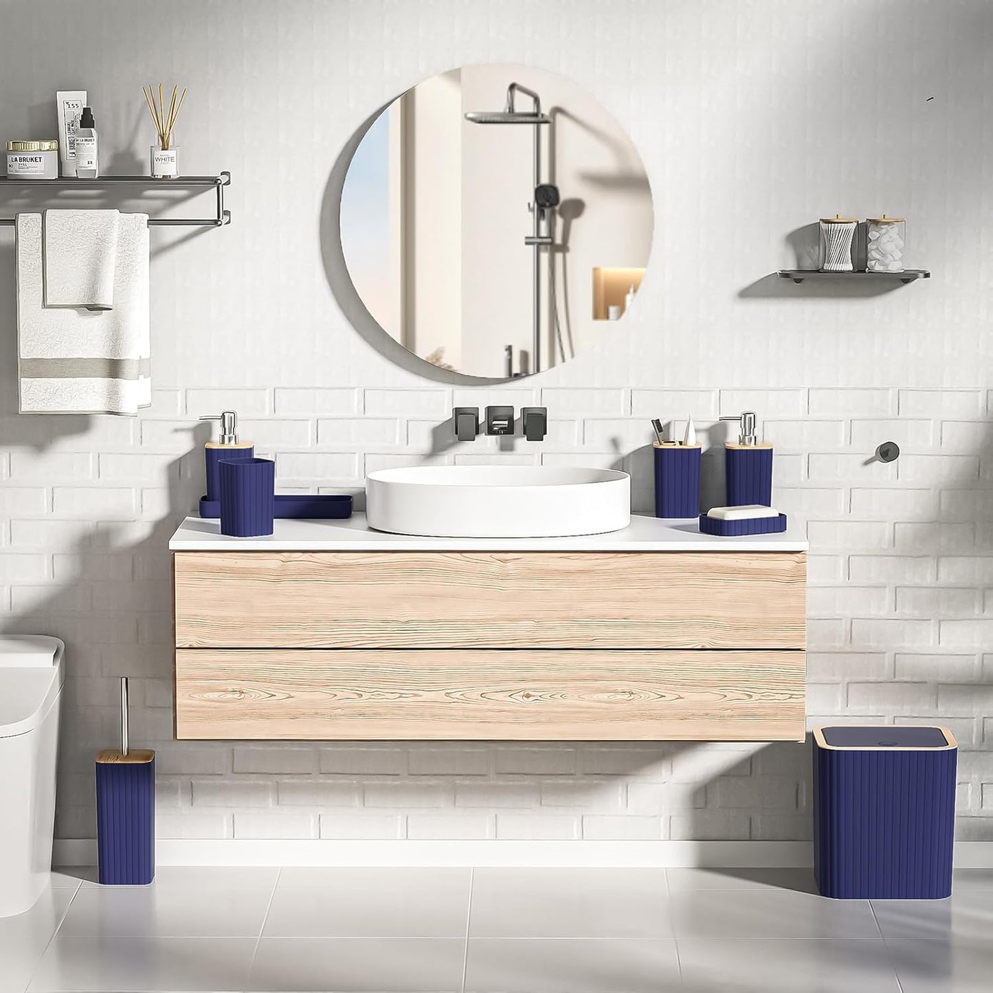 Bathroom Accessories Set - Elegant Blue Bathroom Set, 10PC Bathroom Accessory Set, Toilet Brush, Trash Can, Qtip Holder Dispenser & Soap Dispenser