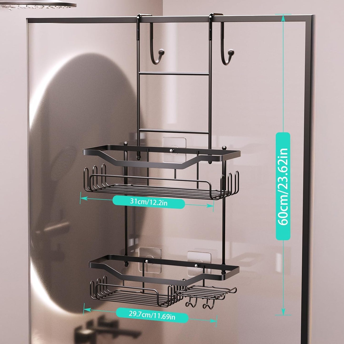 HapiRm Hanging Shower Caddy Over the Door with Soap Holder, No Drilling Adhesive Shower Organizer with 11 Hooks, Rustproof & Waterproof 304 Stainless Steel Bathroom Shelves - Black