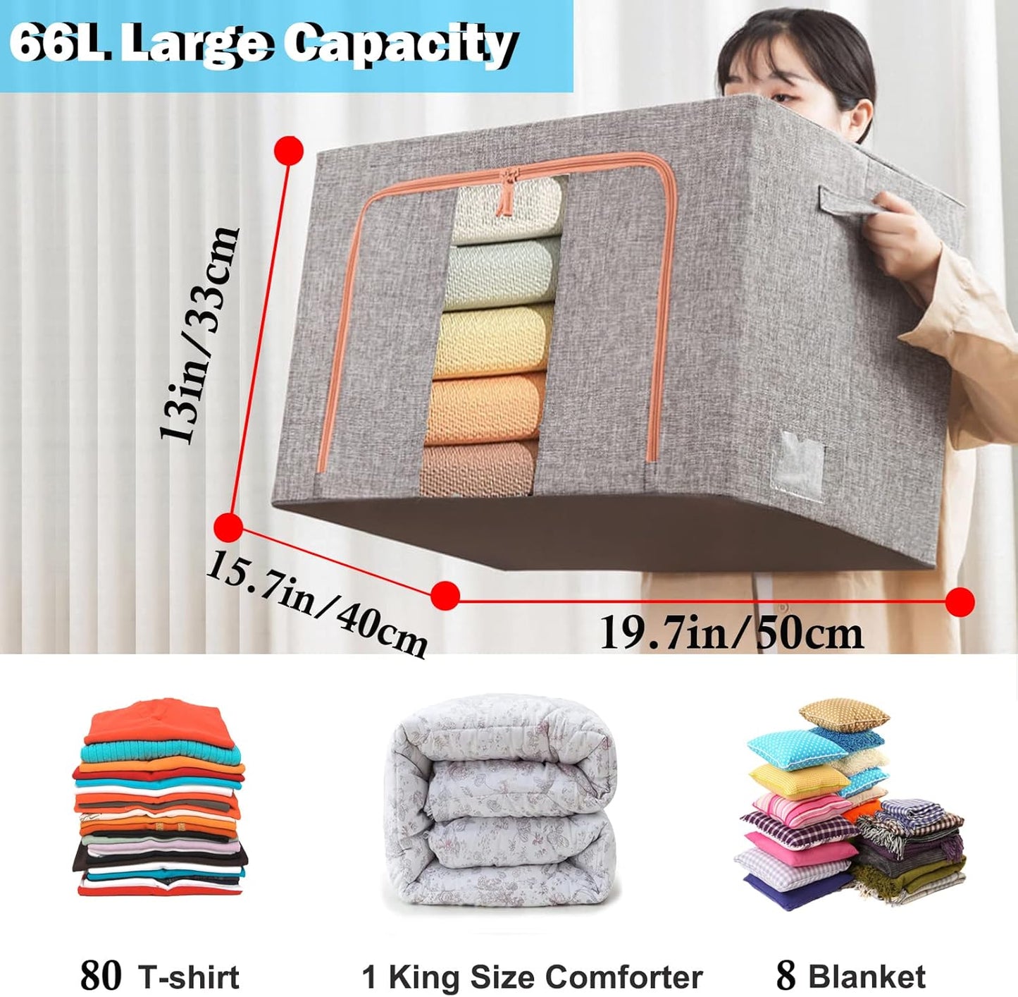 Large Capacity Clothes Storage Bags,Stackable Storage Organizer with Foldable Metal Frame, 2-Way Zipper, Handles, Clear Window for Clothes, Bedding, Seasonal Storage (3Pack, 66L)