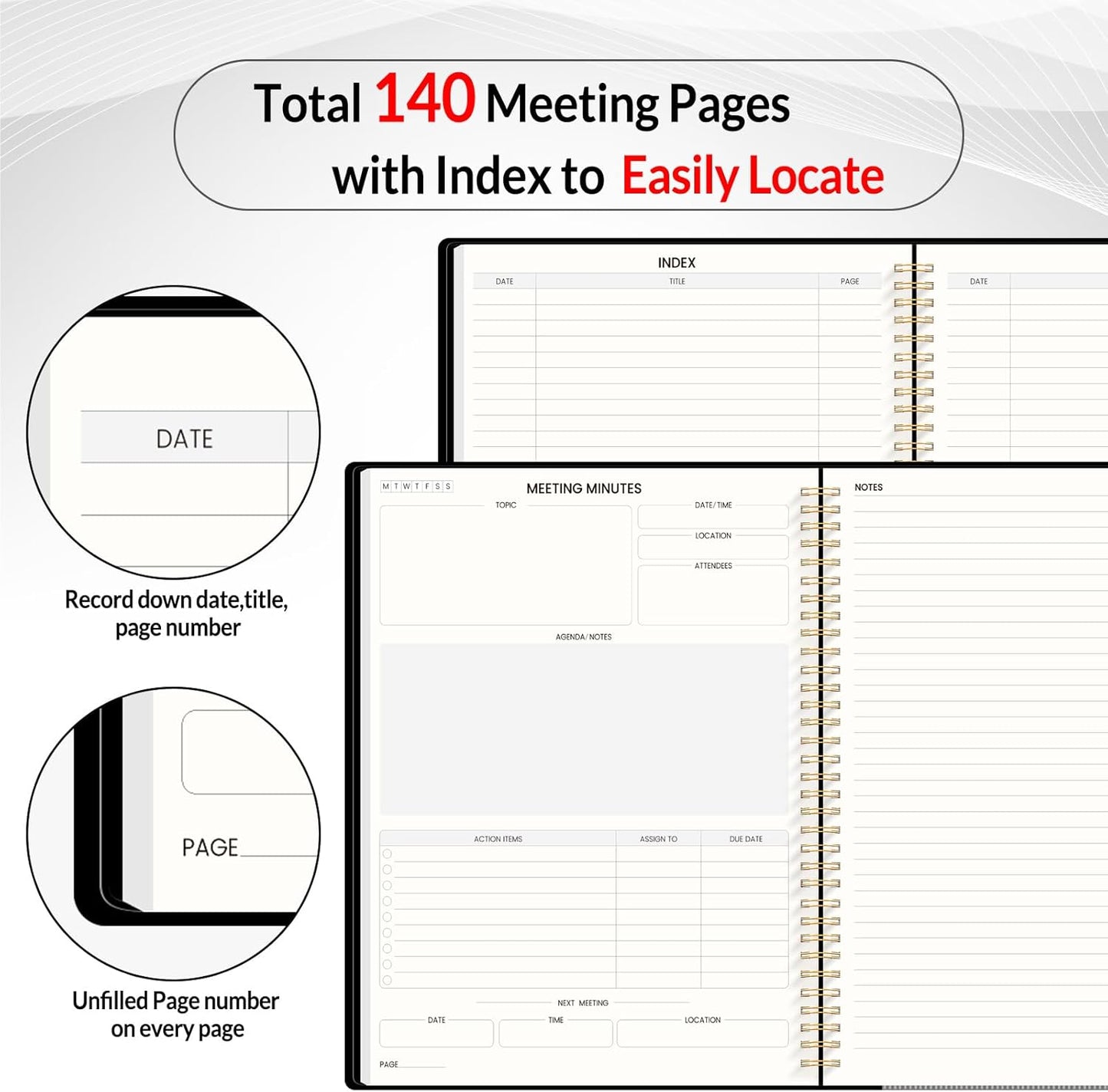 SUNEE Half Meeting Half Note 8.5"x11" Notebook for Work – 140 Pages, A4 Size Project Planner for Women&Men, Minutes Organizer for Meeting Notes, Ideas for Office/Business, PVC Waterproof Cover, Black