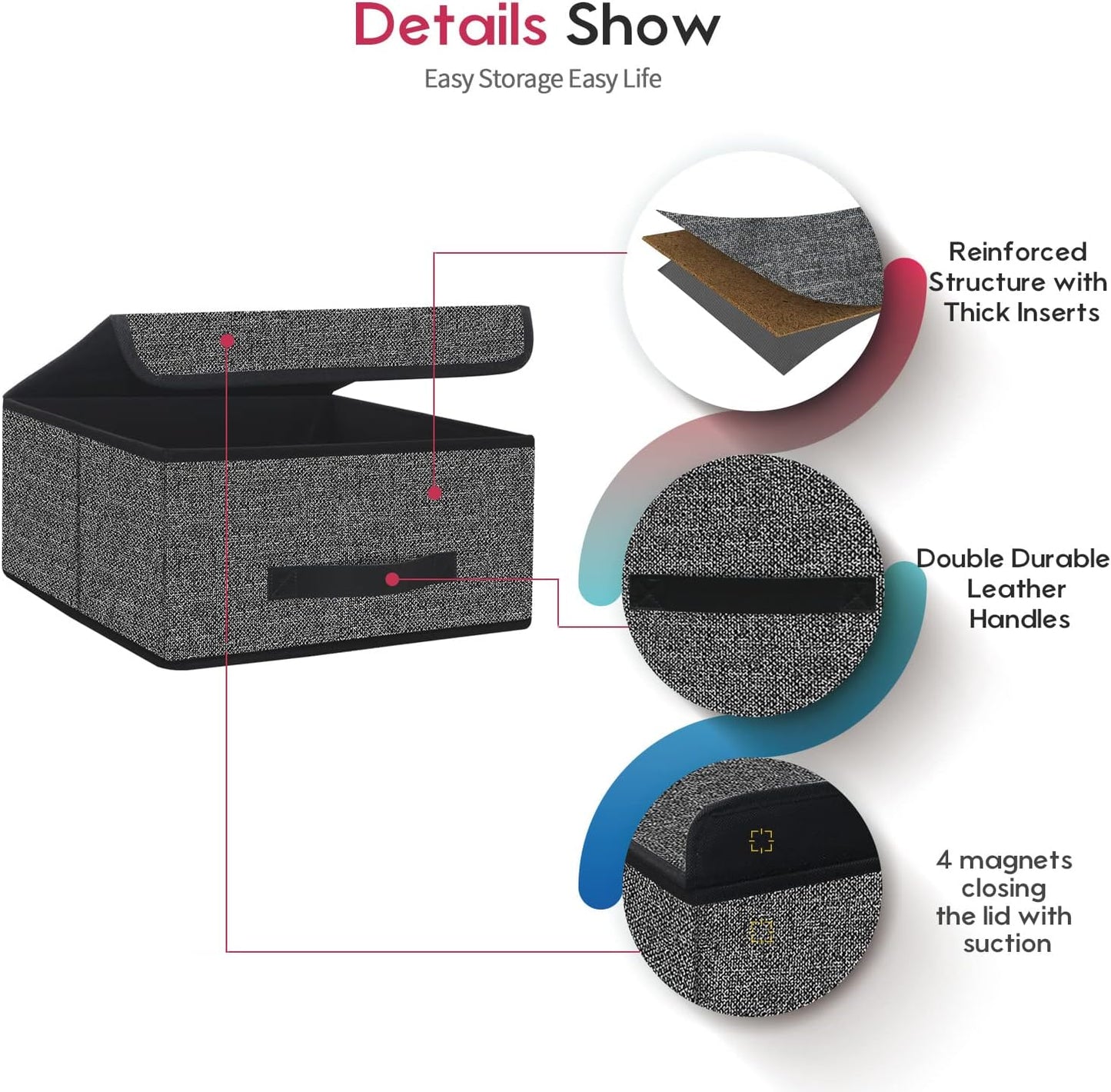 Onlyeasy Foldable Storage Bins Cubes Boxes with Lid - Storage Box Cube Cubby Basket Closet Organizer Pack of Two with Leather Handles for Closet Bedroom, 13"x13", Black, 8MXALB2P