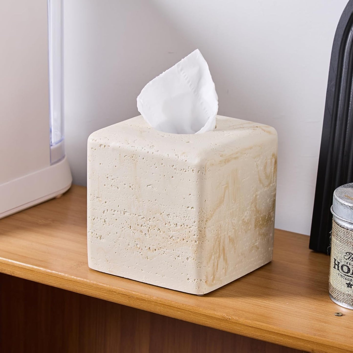 Natural Travertine Tissue Box Cover – Modern Resin Cube Holder for Bathroom, Bedroom, Office – Decorative Square Tissue Box for Countertop, Nightstand, Vanity & Desk – Heavy&Sturdy