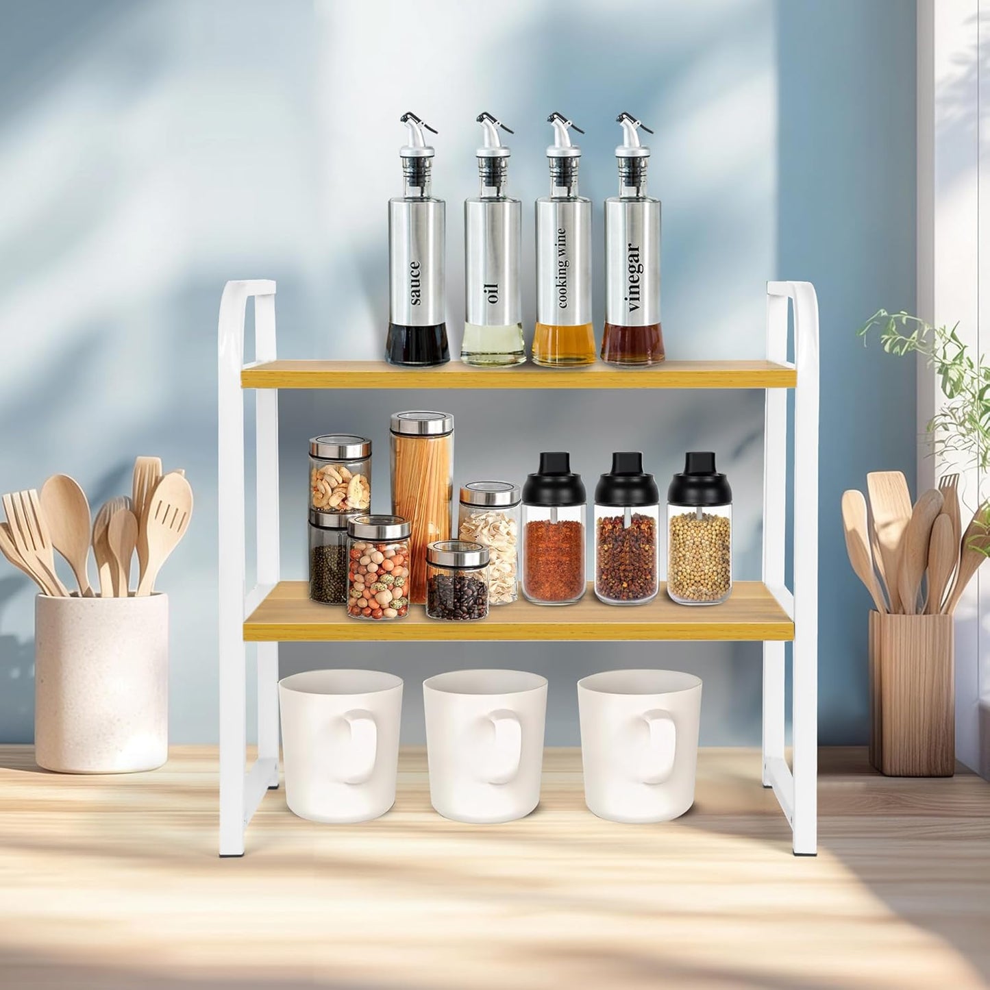 Desktop Shelf Organizer, 2-Tier Office Desk Shelf for Top of Desk, Wood & Metal Bookshelf Supplies Storage Rack (White&Walnut)